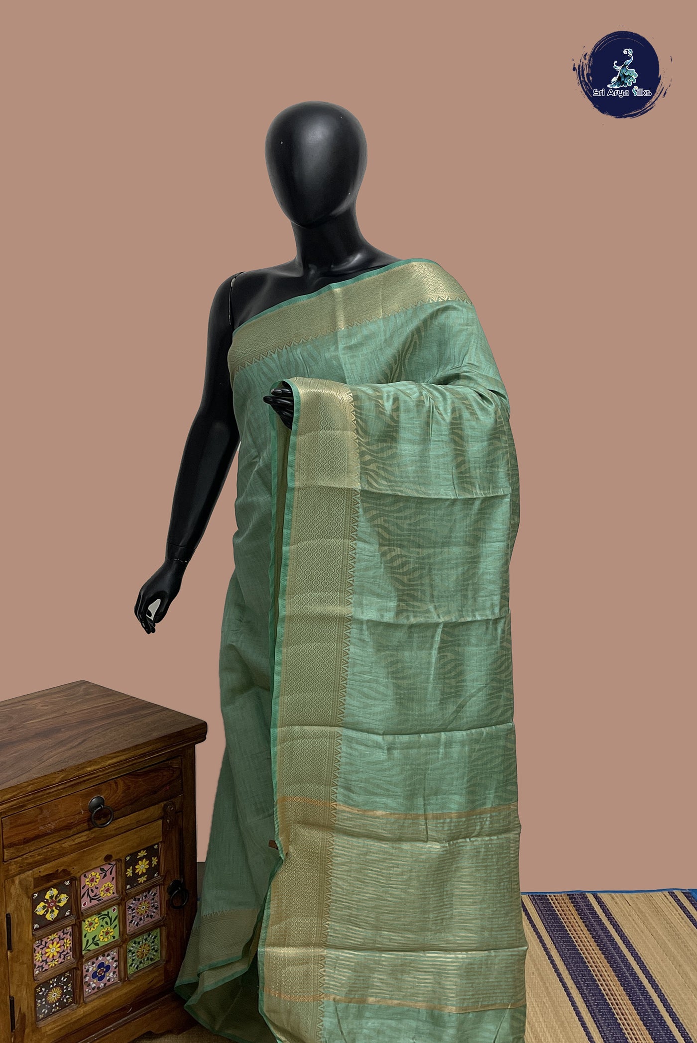 Pastel Green Semi Tussar Saree With Embossed Pattern