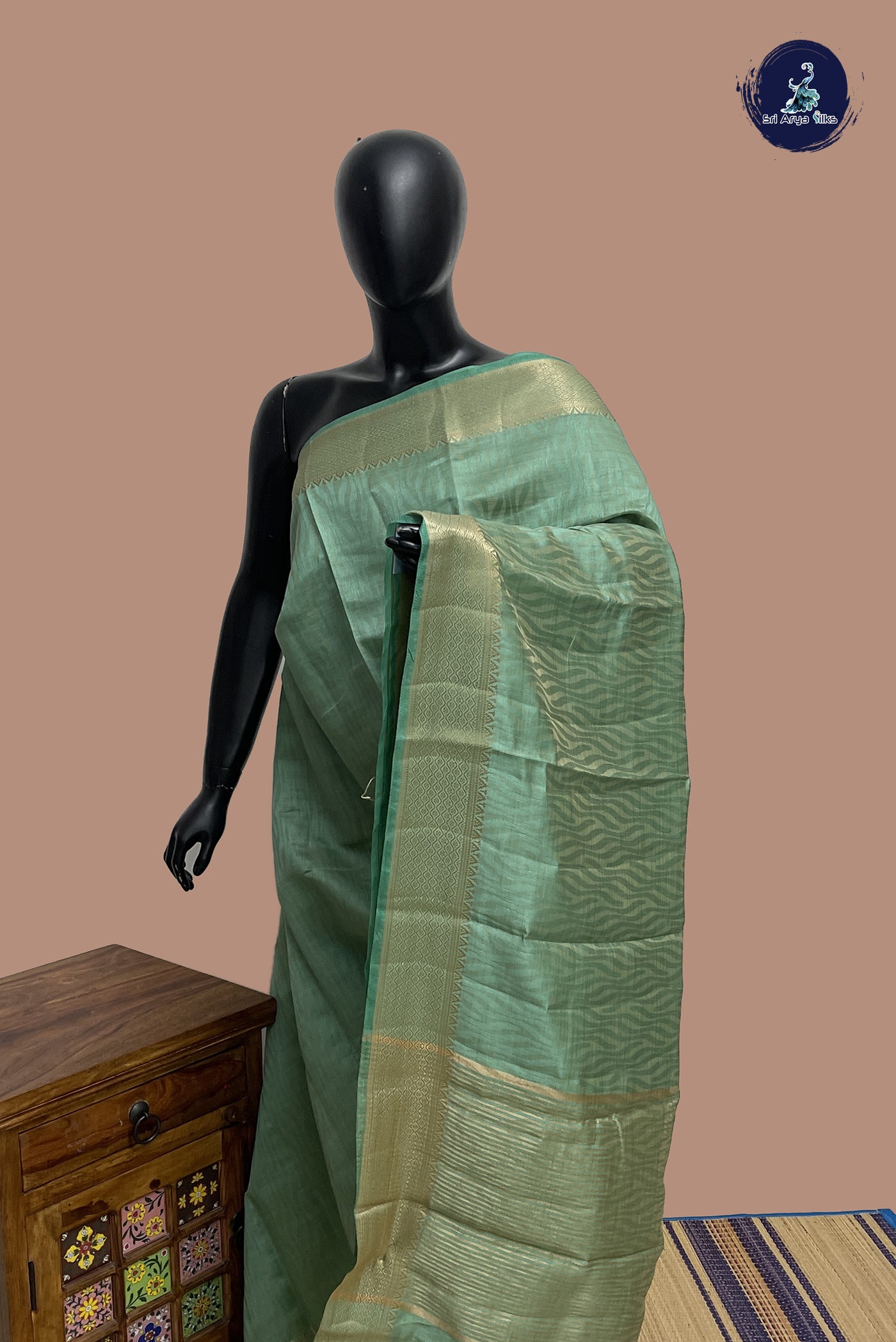 Pastel Green Semi Tussar Saree With Embossed Pattern
