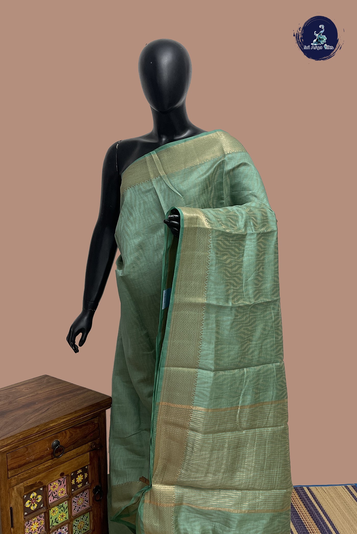 Pastel Green Semi Tussar Saree With Embossed Pattern
