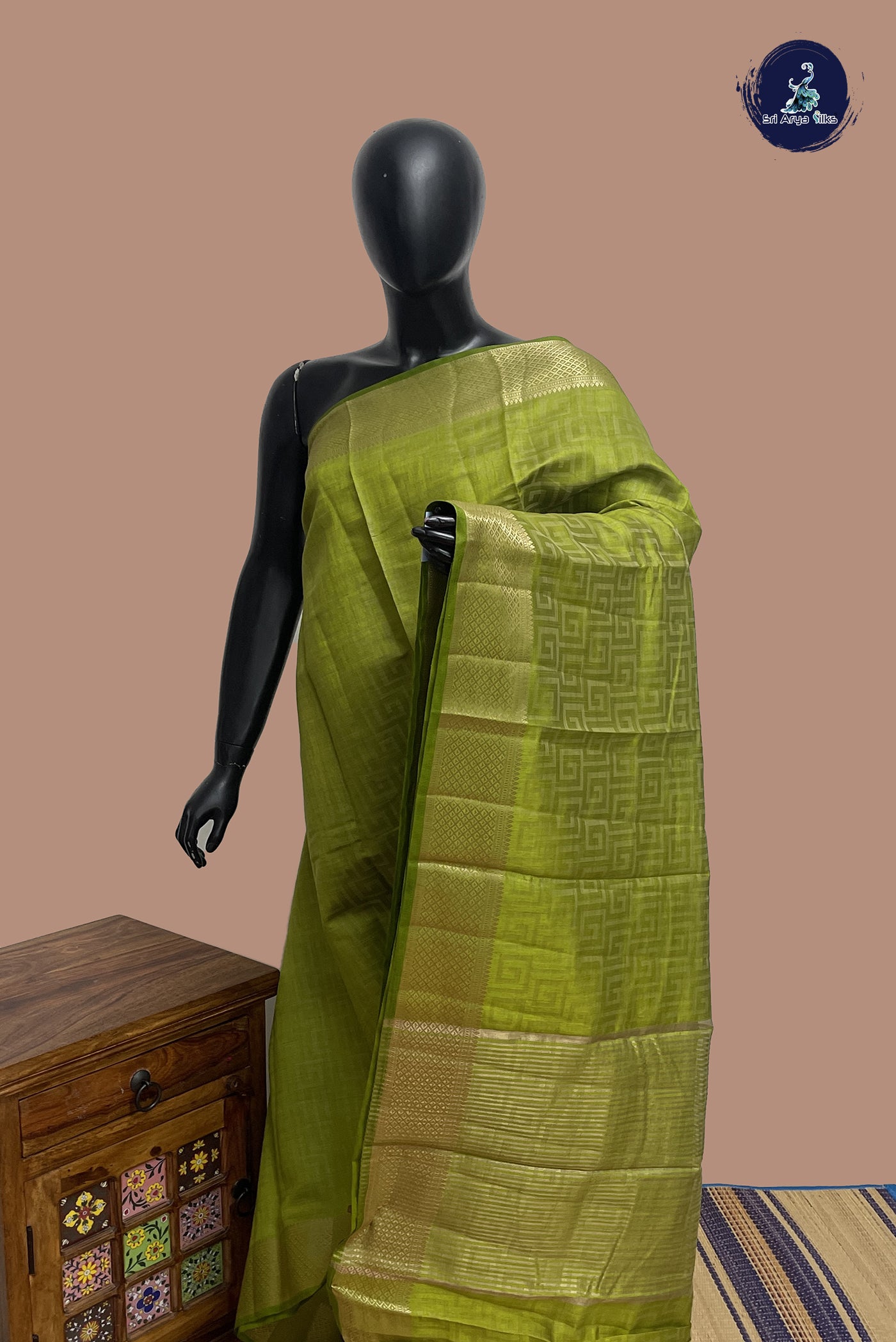 Light Green Semi Tussar Saree With Embossed Pattern