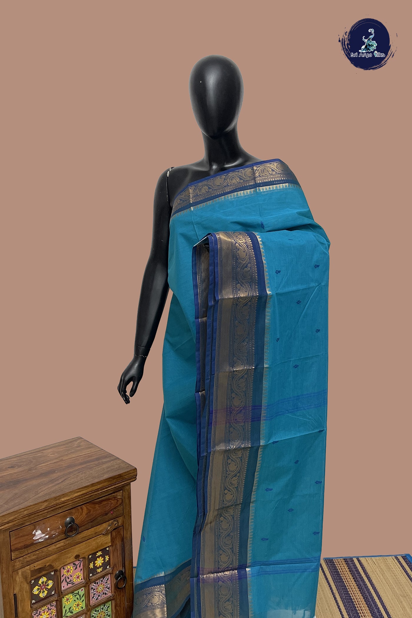 Blue Chettinad Cotton Saree With Buttas Pattern