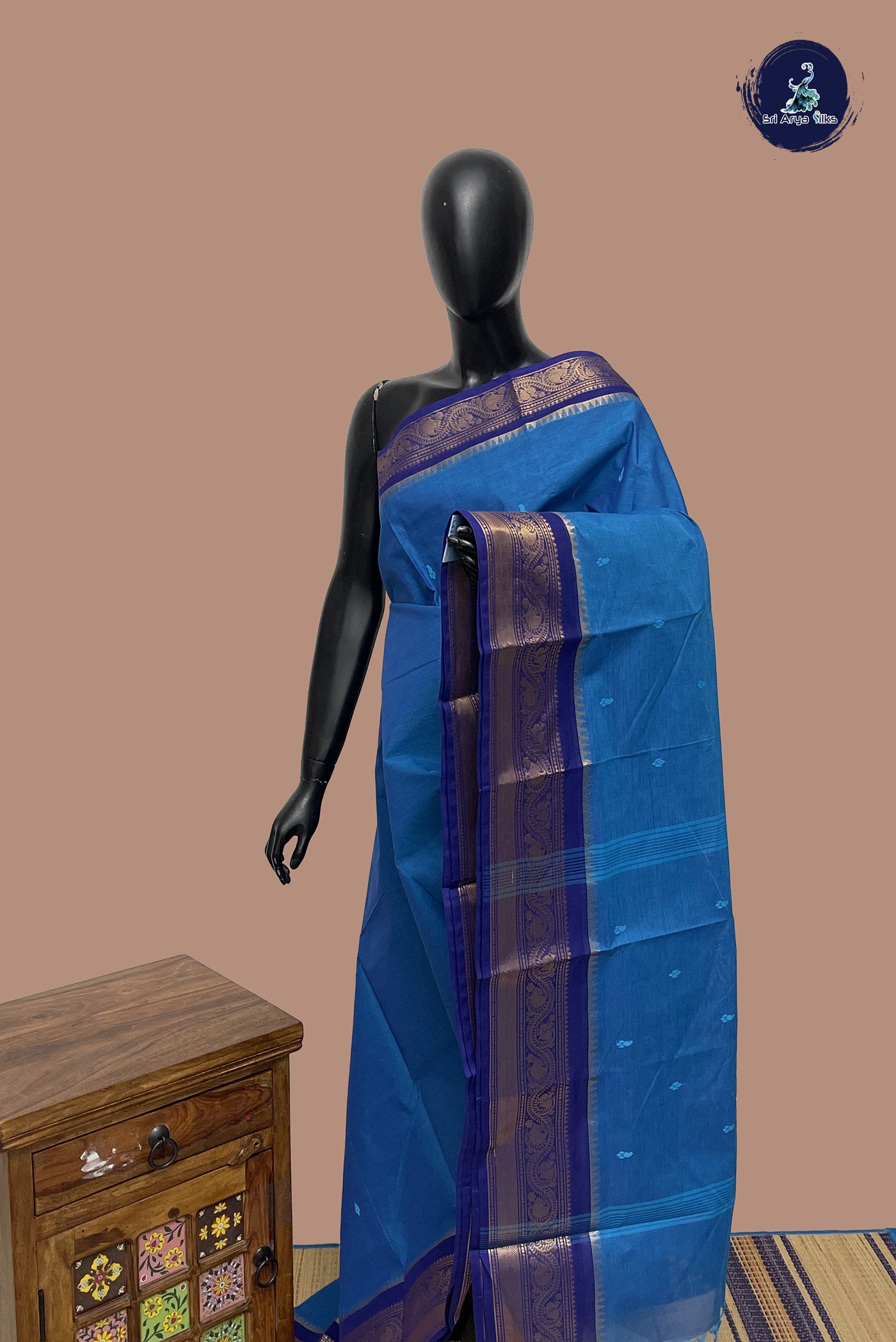 Blue Chettinad Cotton Saree With Buttas Pattern
