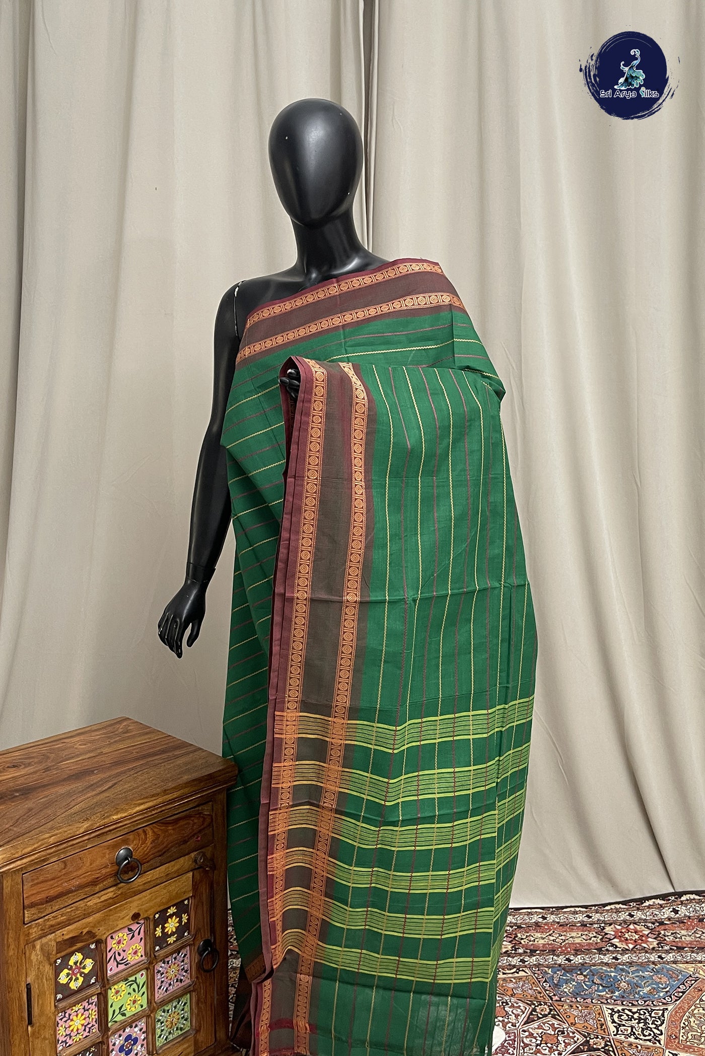 Dark Green Chettinad Cotton Saree With Veldhari Stripes Pattern