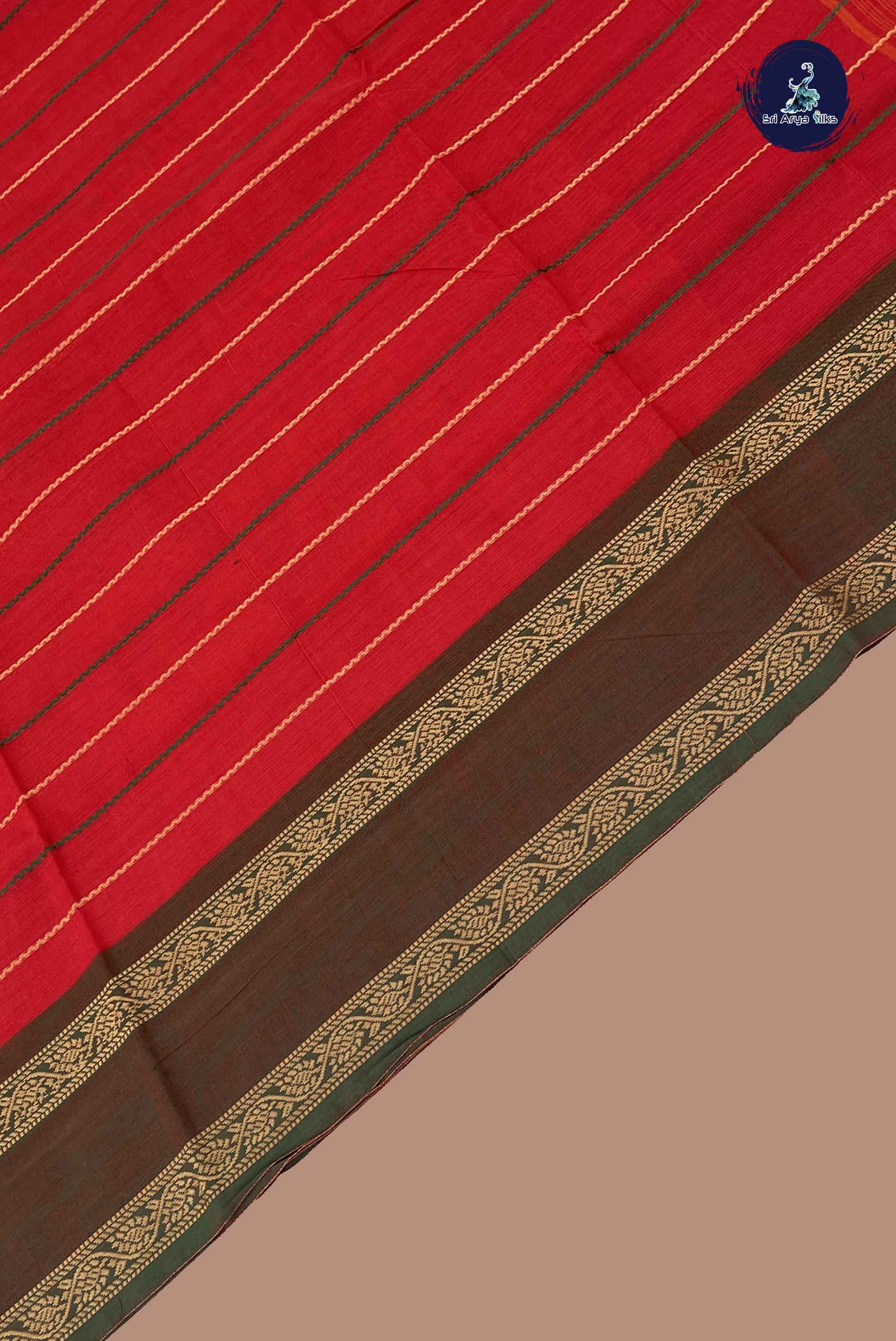 Red Chettinad Cotton Saree With Veldhari Stripes Pattern