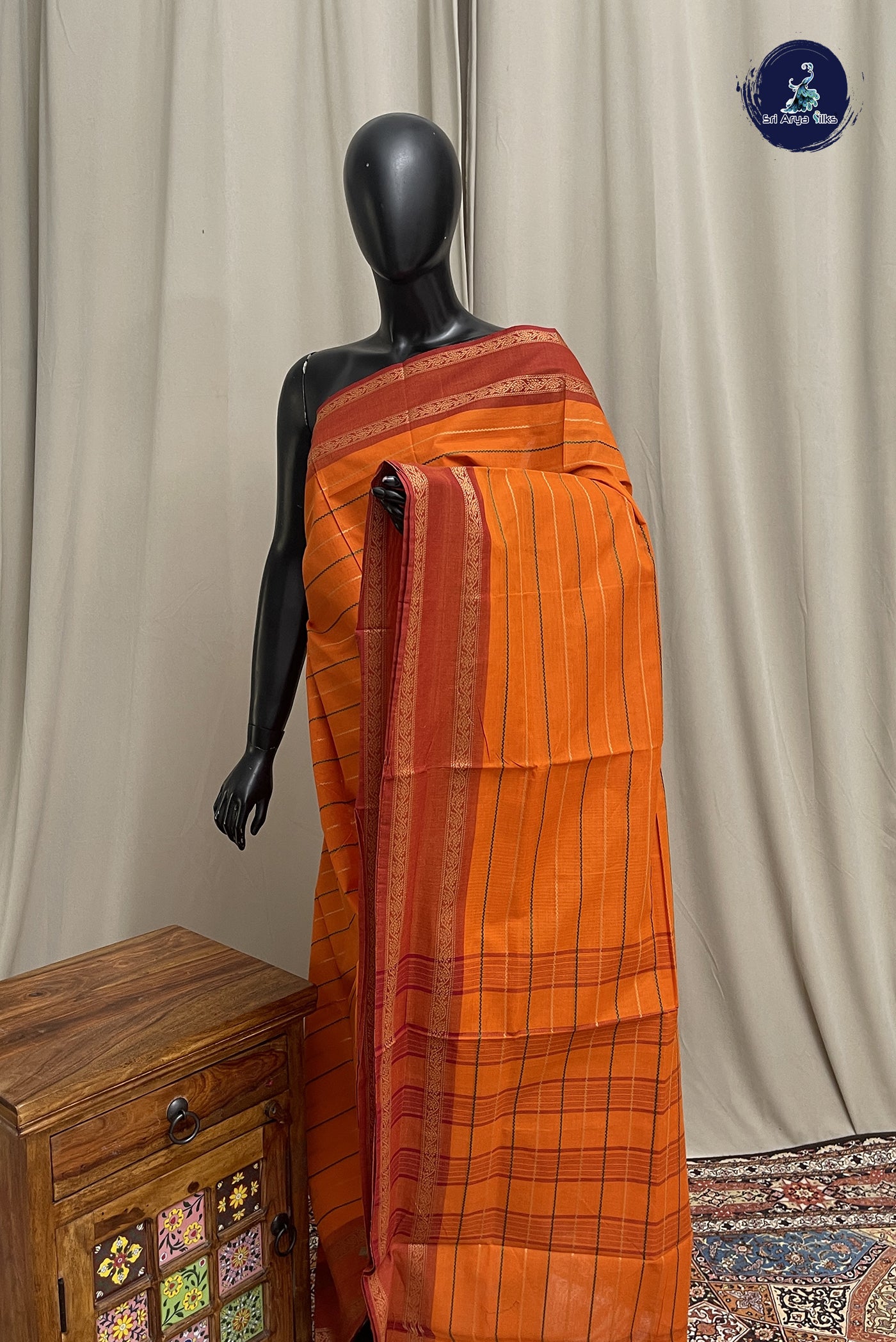 Orange Chettinad Cotton Saree With Veldhari Stripes Pattern