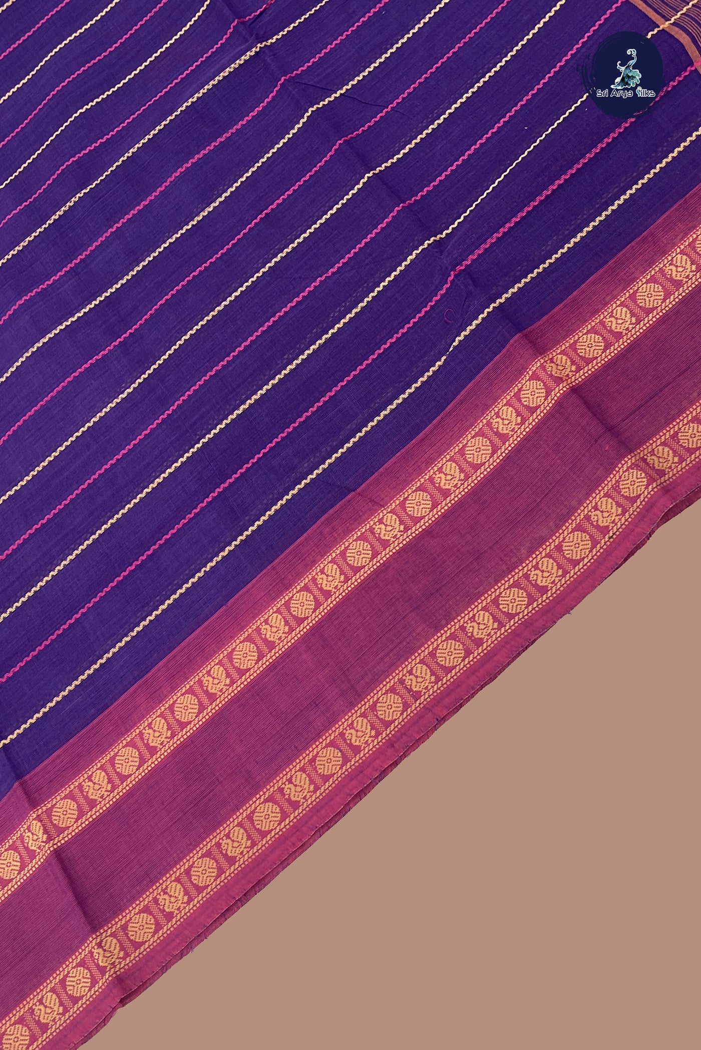 Dark Brinjal Chettinad Cotton Saree With Veldhari Stripes Pattern