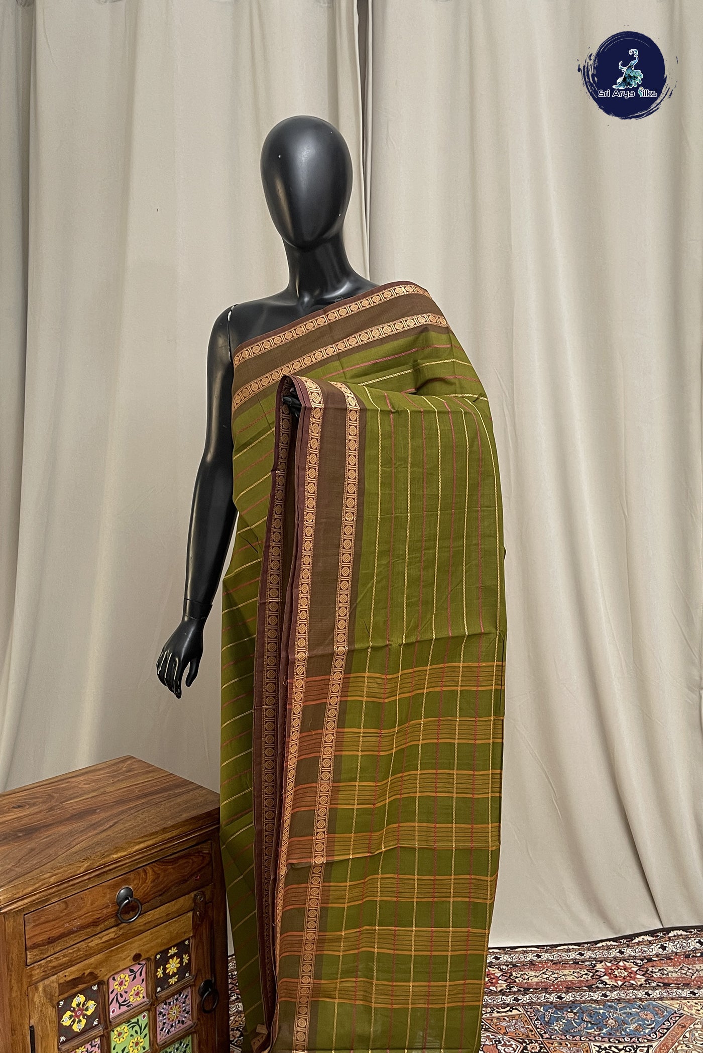 Mehendi Green Chettinad Cotton Saree With Veldhari Stripes Pattern