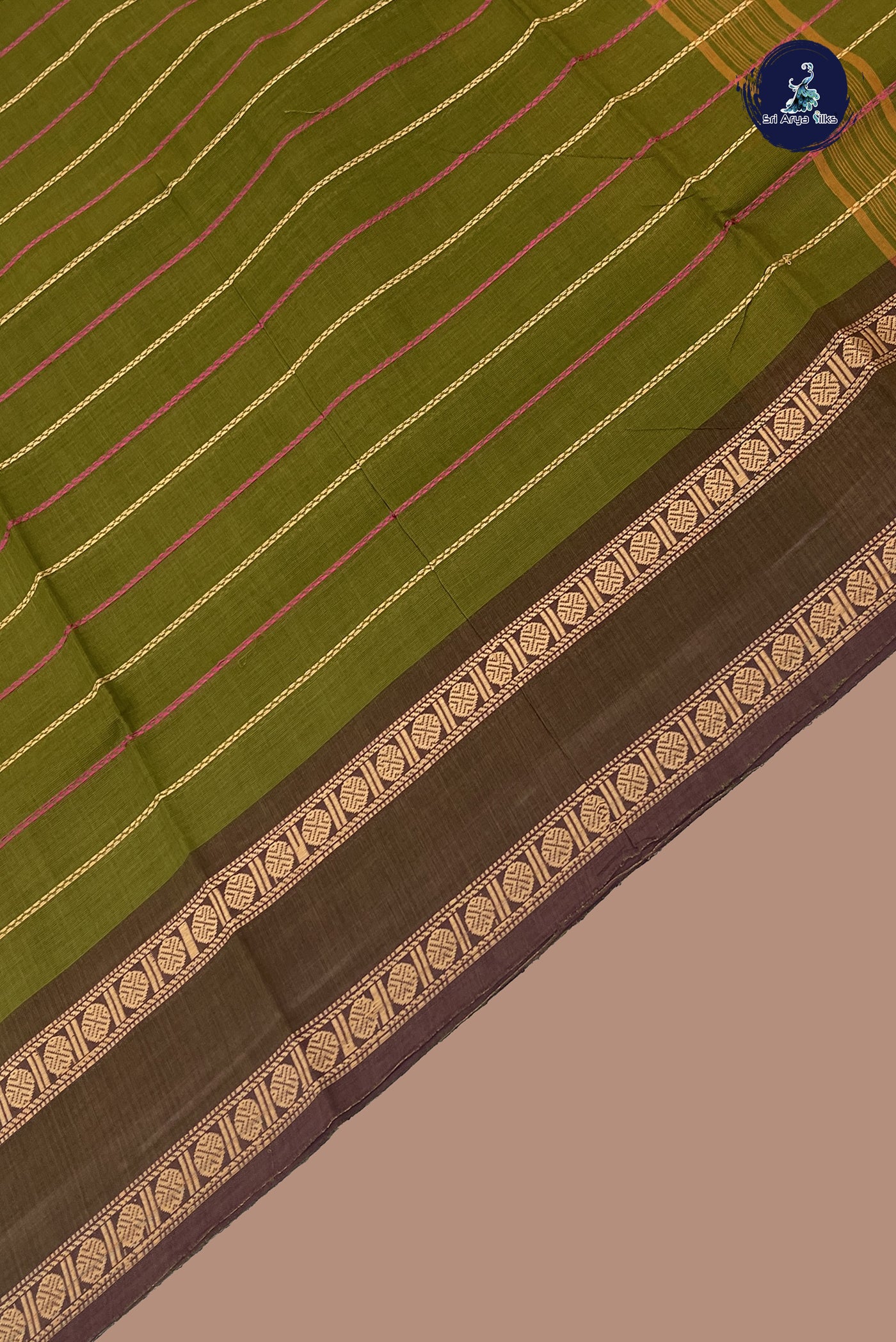 Mehendi Green Chettinad Cotton Saree With Veldhari Stripes Pattern