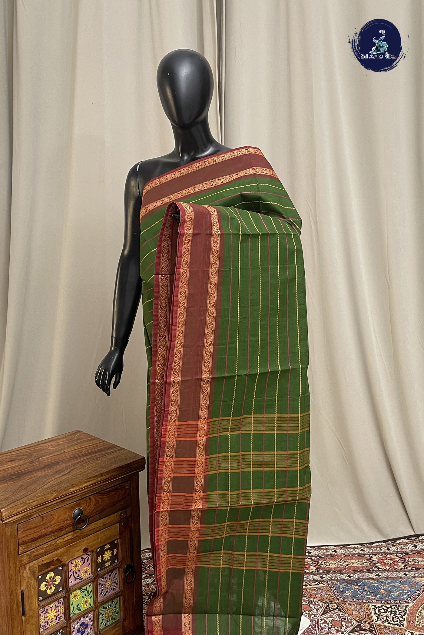 Green Chettinad Cotton Saree With Veldhari Stripes Pattern