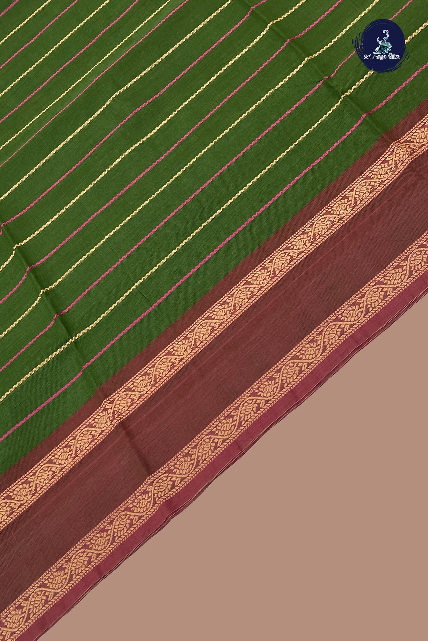 Green Chettinad Cotton Saree With Veldhari Stripes Pattern