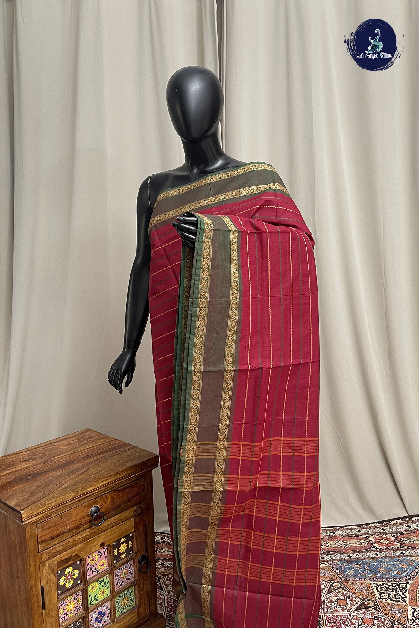 Maroon Chettinad Cotton Saree With Veldhari Stripes Pattern