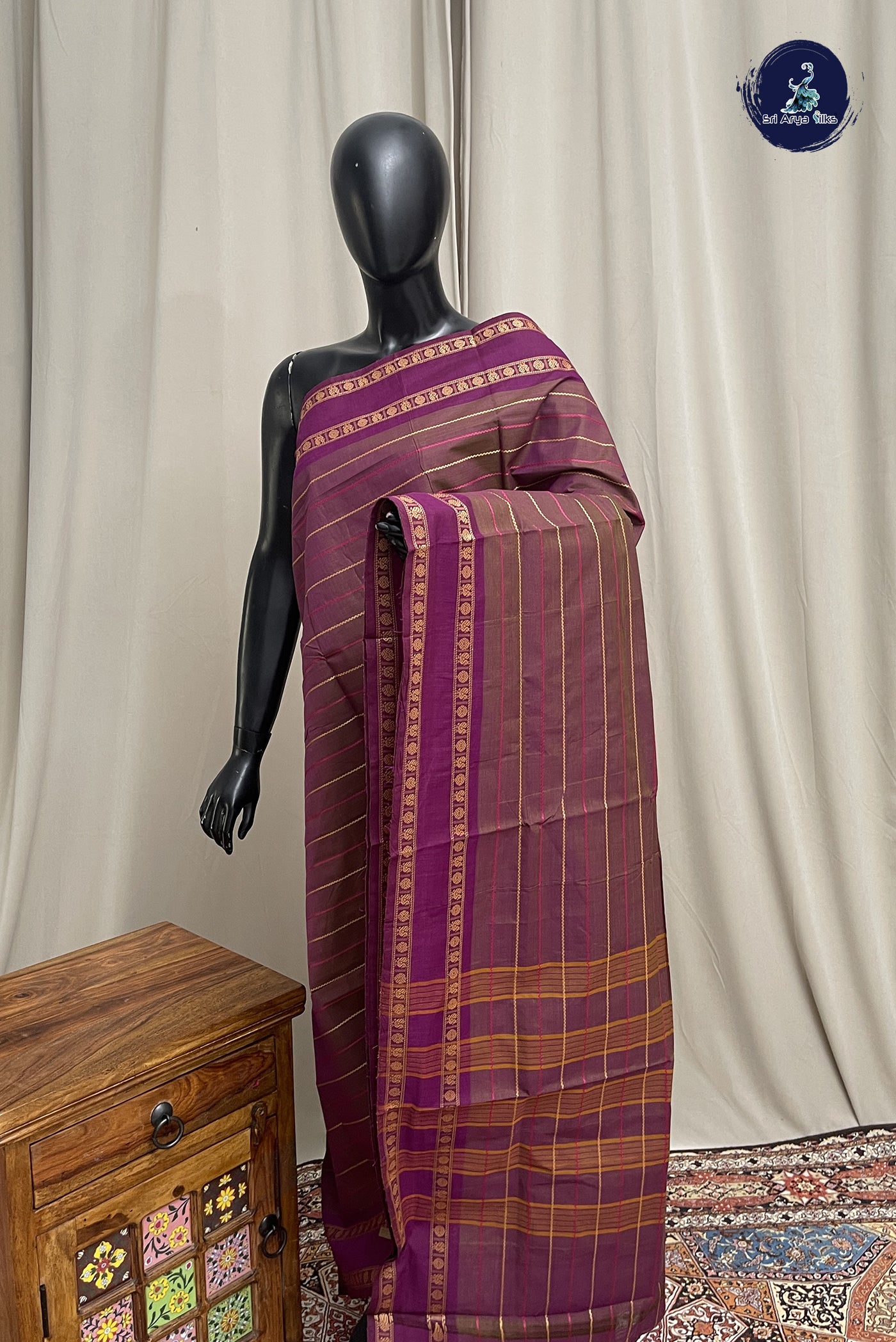 Dual Tone Purple Chettinad Cotton Saree With Veldhari Stripes Pattern