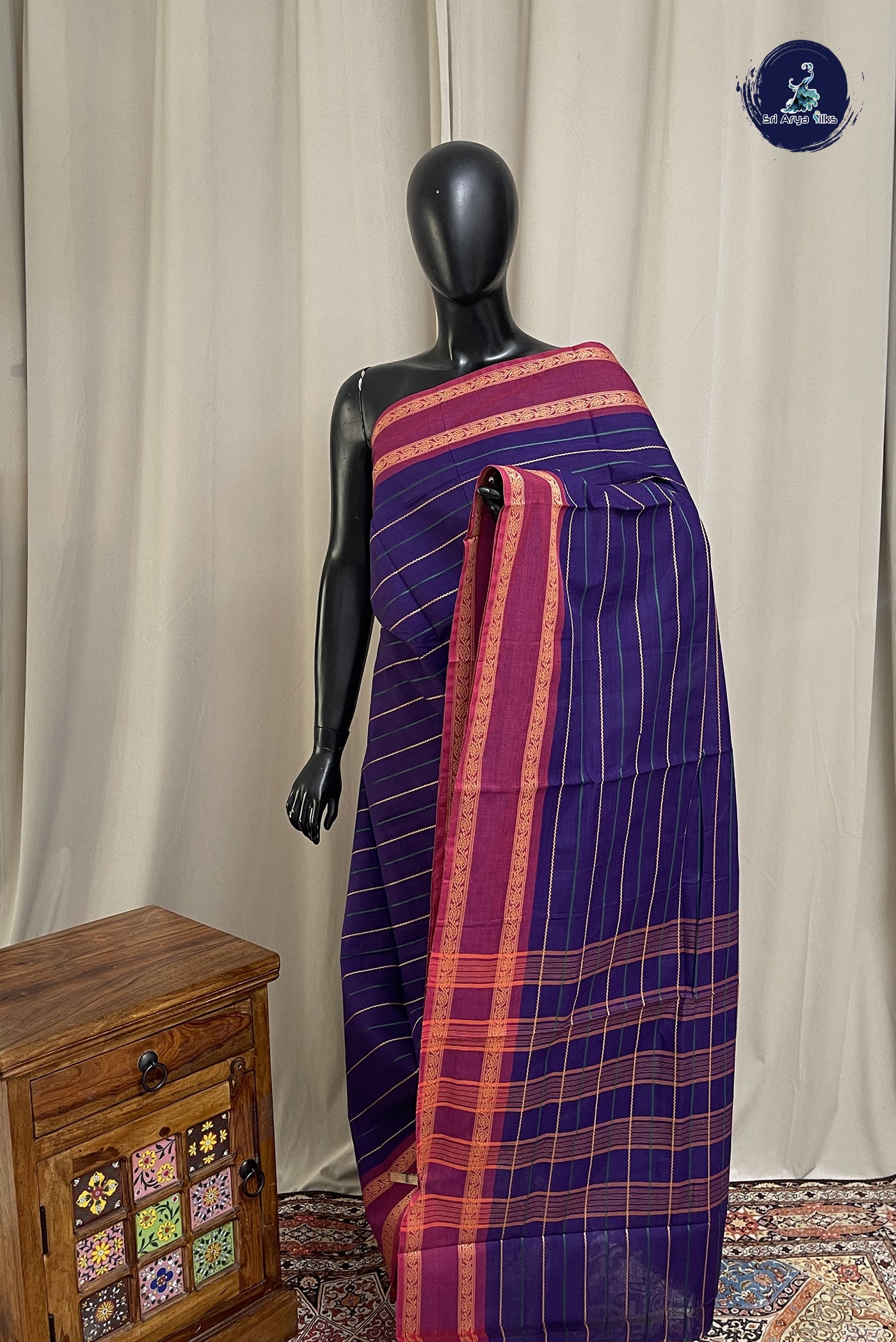 Dark Brinjal Chettinad Cotton Saree With Veldhari Stripes Pattern