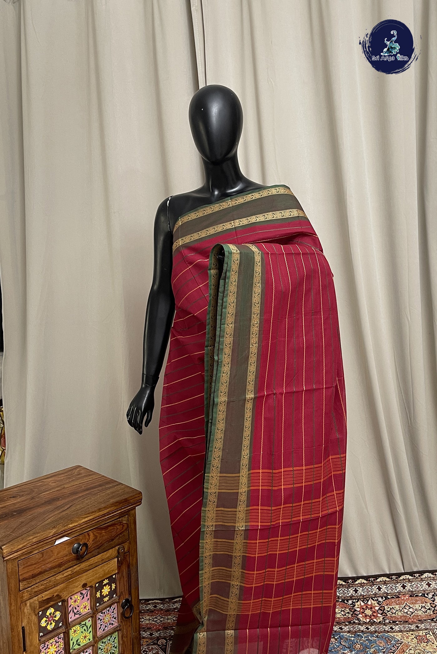 Maroon Chettinad Cotton Saree With Veldhari Stripes Pattern