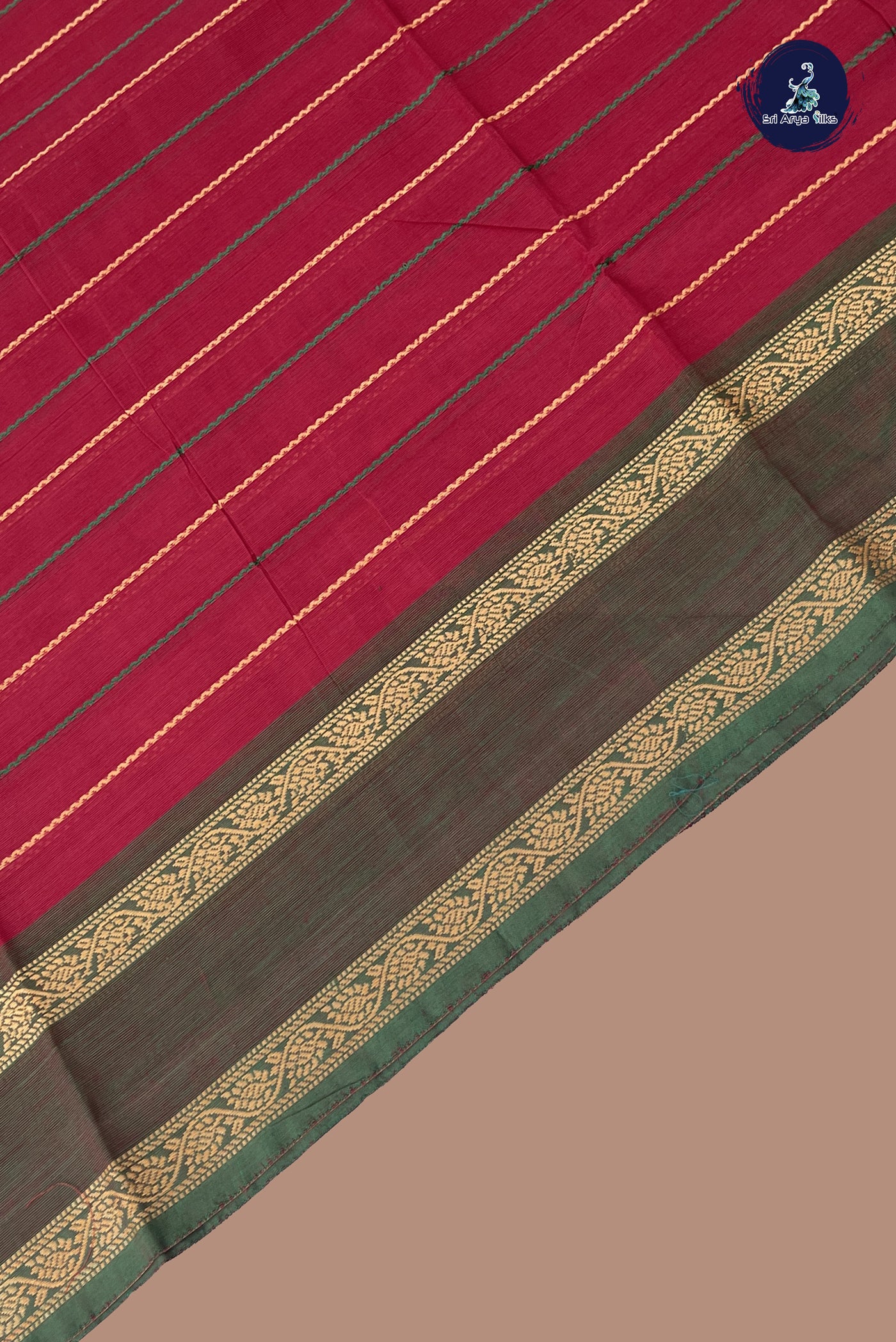 Maroon Chettinad Cotton Saree With Veldhari Stripes Pattern