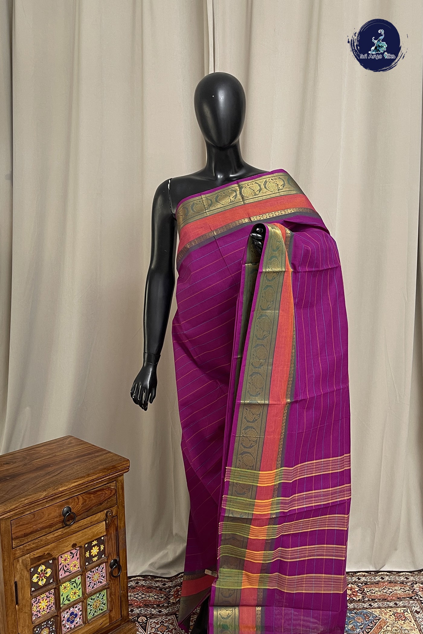 Purple Chettinad Cotton Saree With Stripes Pattern