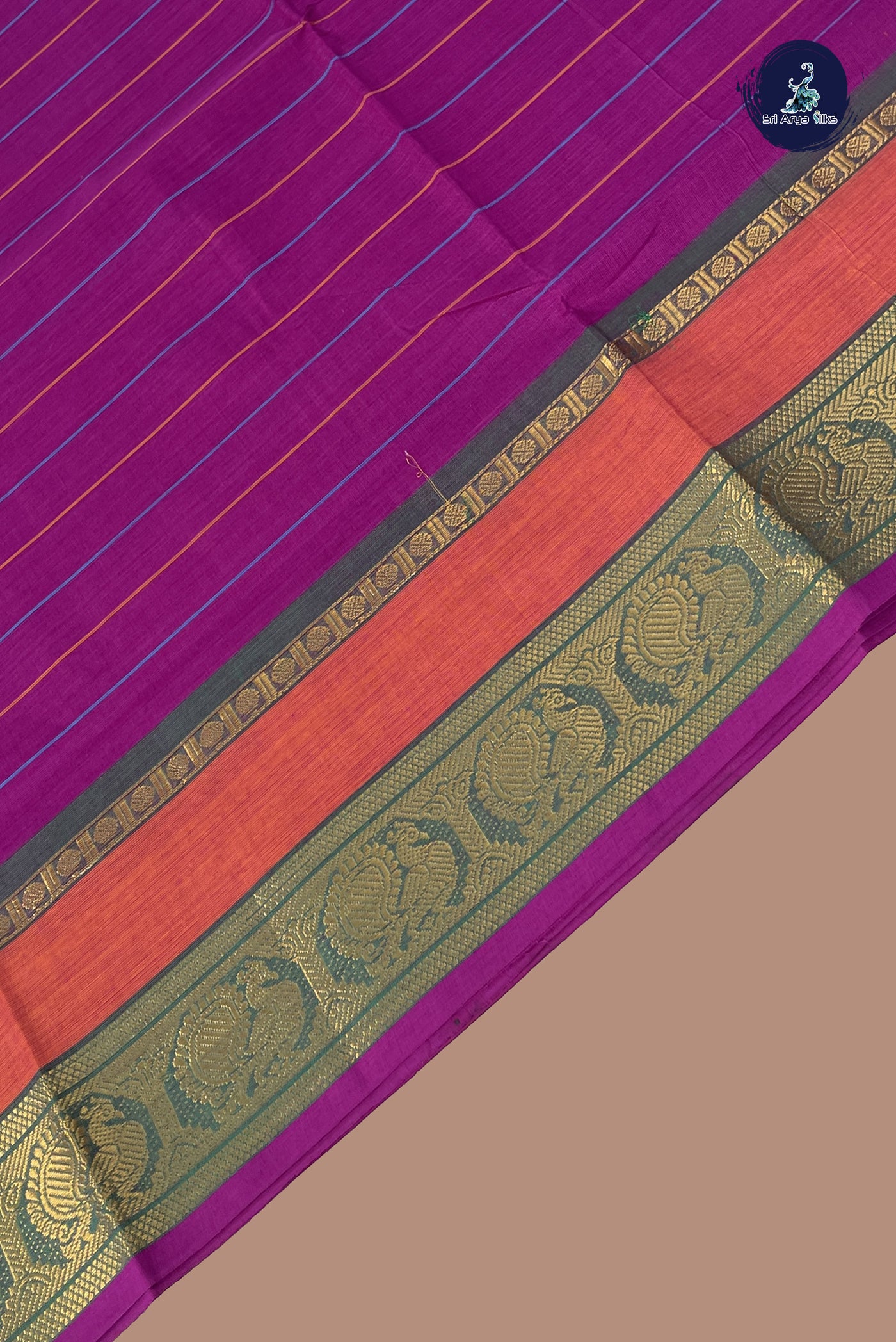 Purple Chettinad Cotton Saree With Stripes Pattern