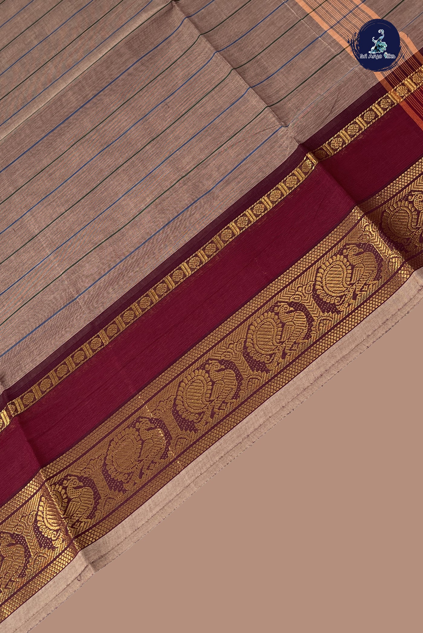 Light Brown Chettinad Cotton Saree With Stripes Pattern