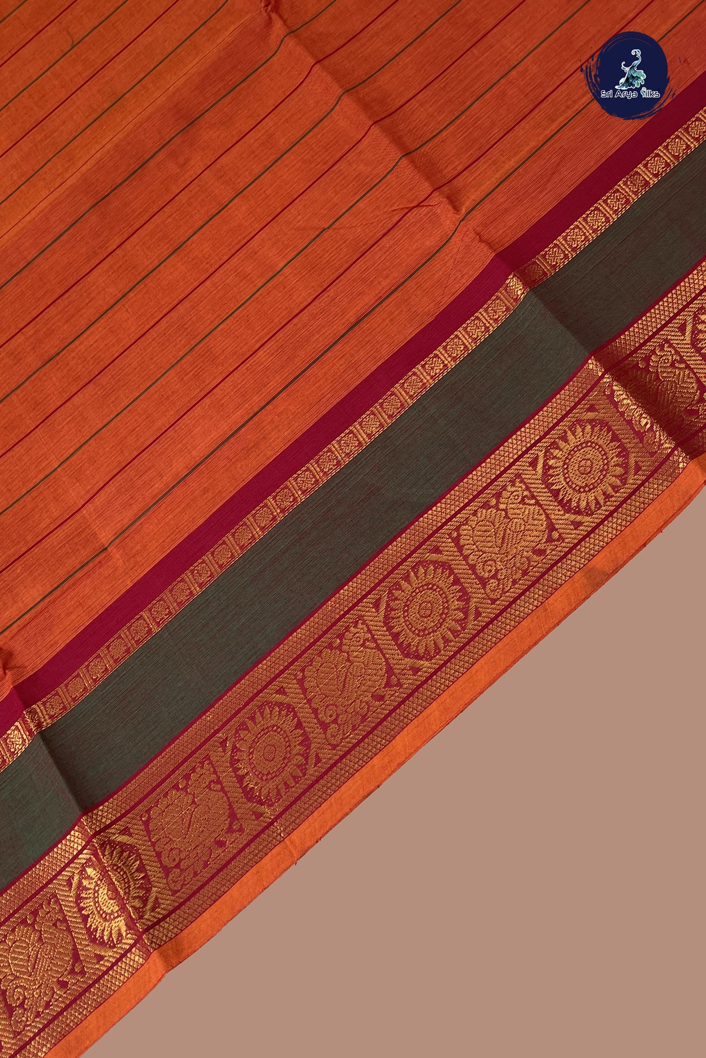 Rust Chettinad Cotton Saree With Stripes Pattern