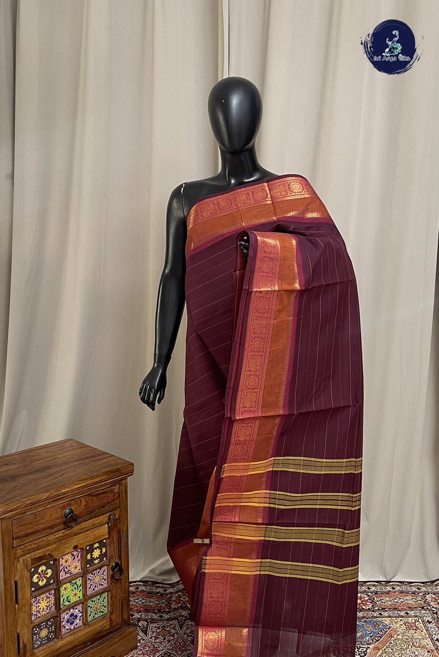 Coffee Brown Chettinad Cotton Saree With Stripes Pattern