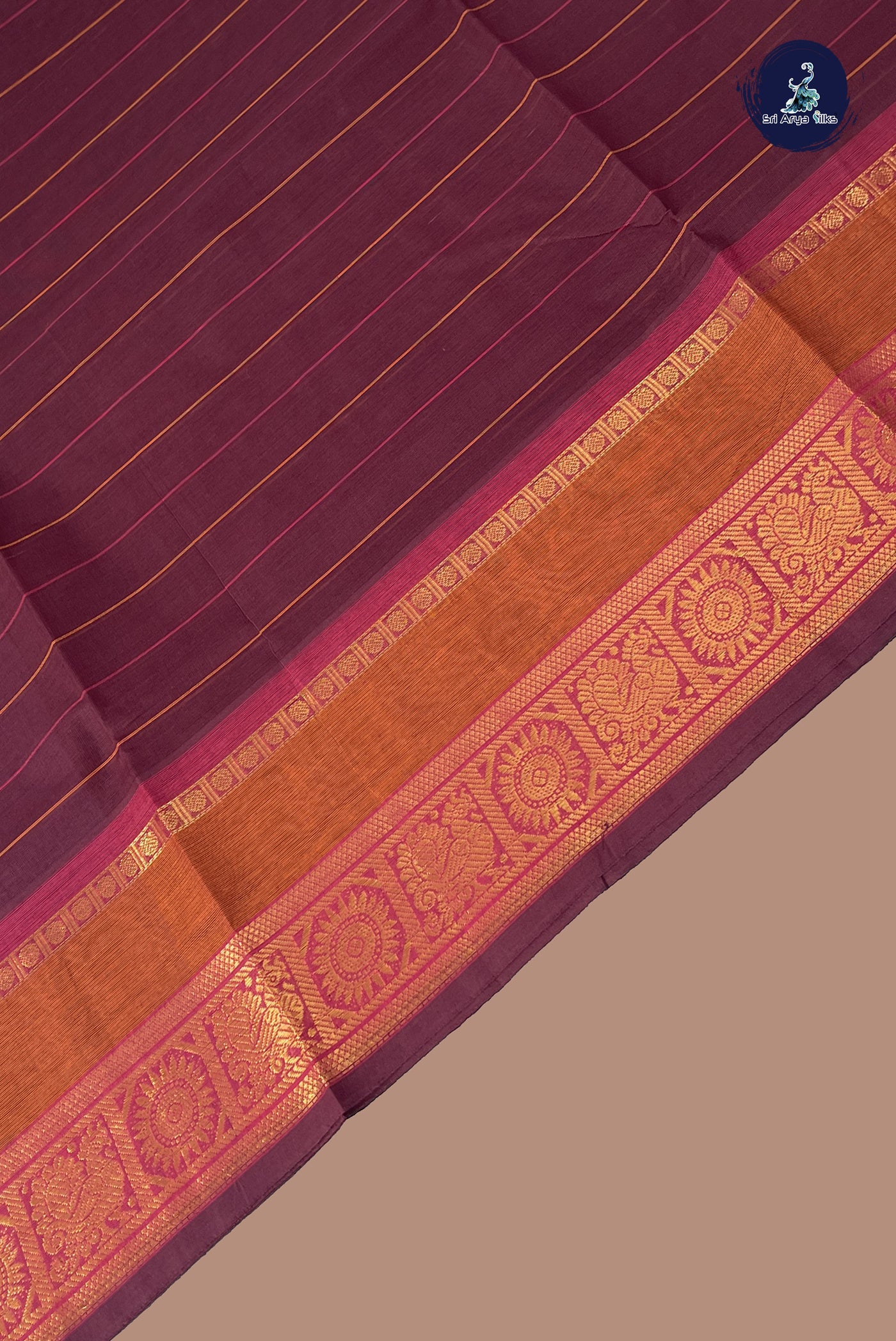 Coffee Brown Chettinad Cotton Saree With Stripes Pattern