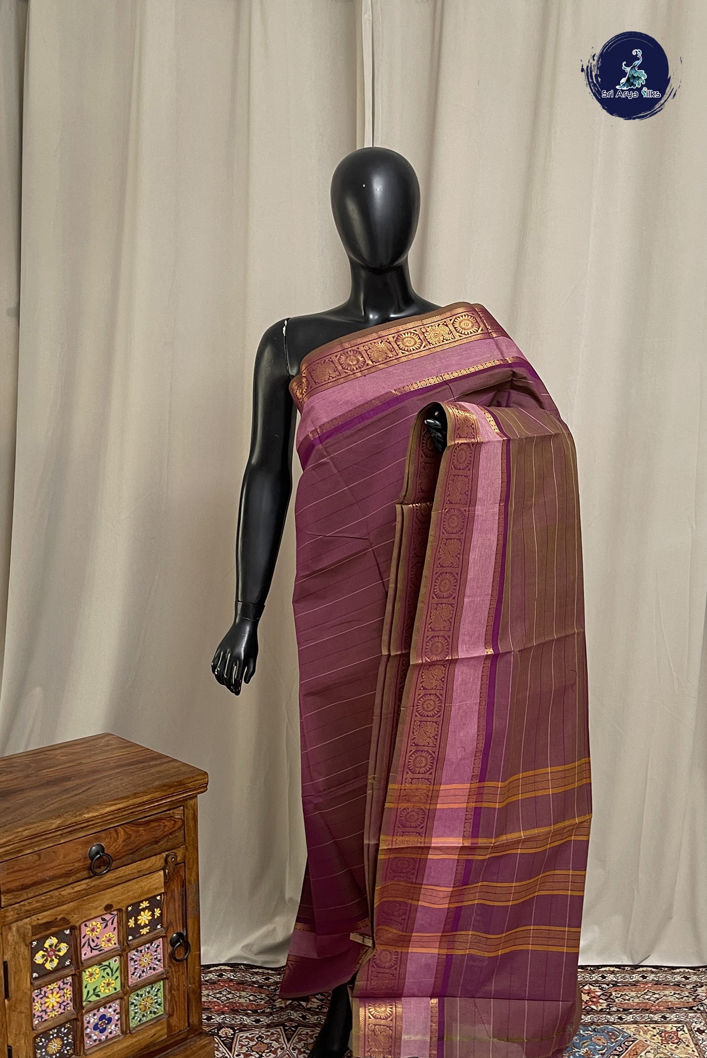Dual Tone Purple Chettinad Cotton Saree With Stripes Pattern