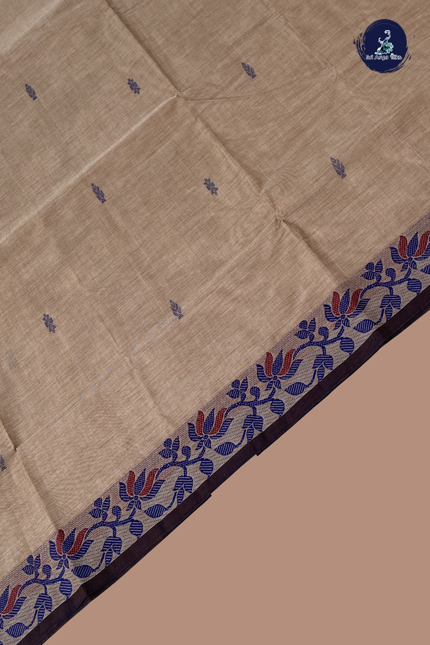 Light Brown Chettinad Cotton Saree With Buttas Pattern