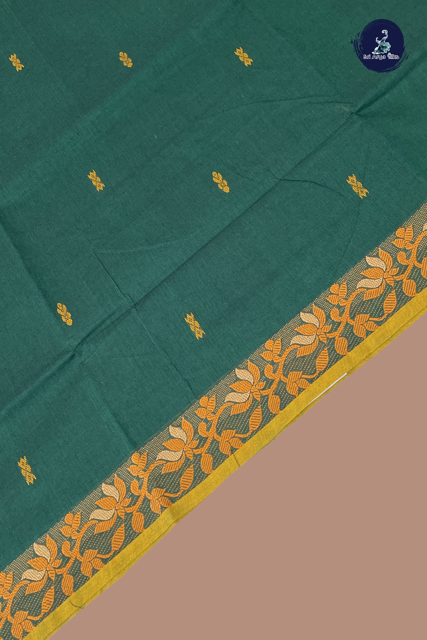 Bottle Green Chettinad Cotton Saree With Buttas Pattern