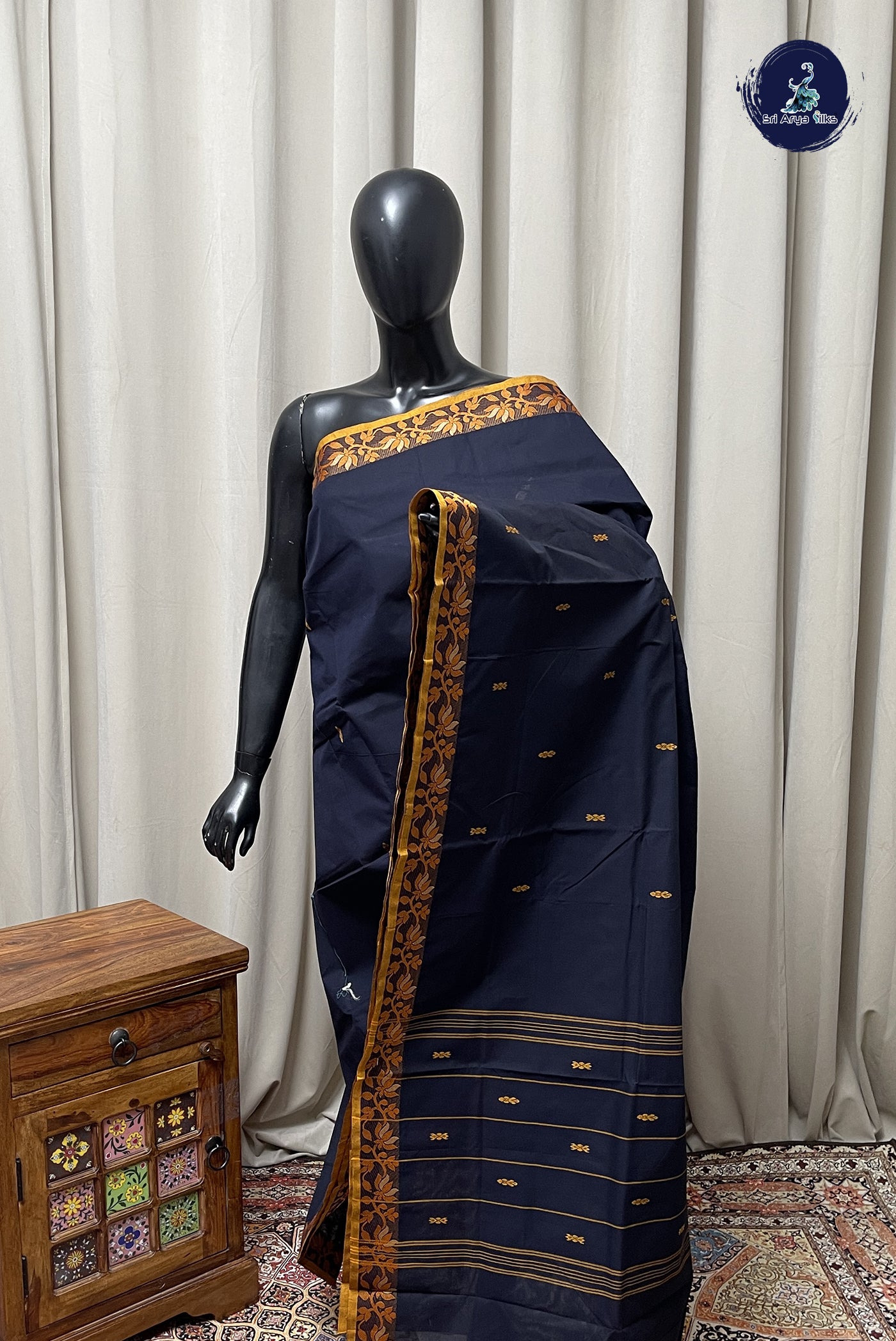 Black Chettinad Cotton Saree With Buttas Pattern