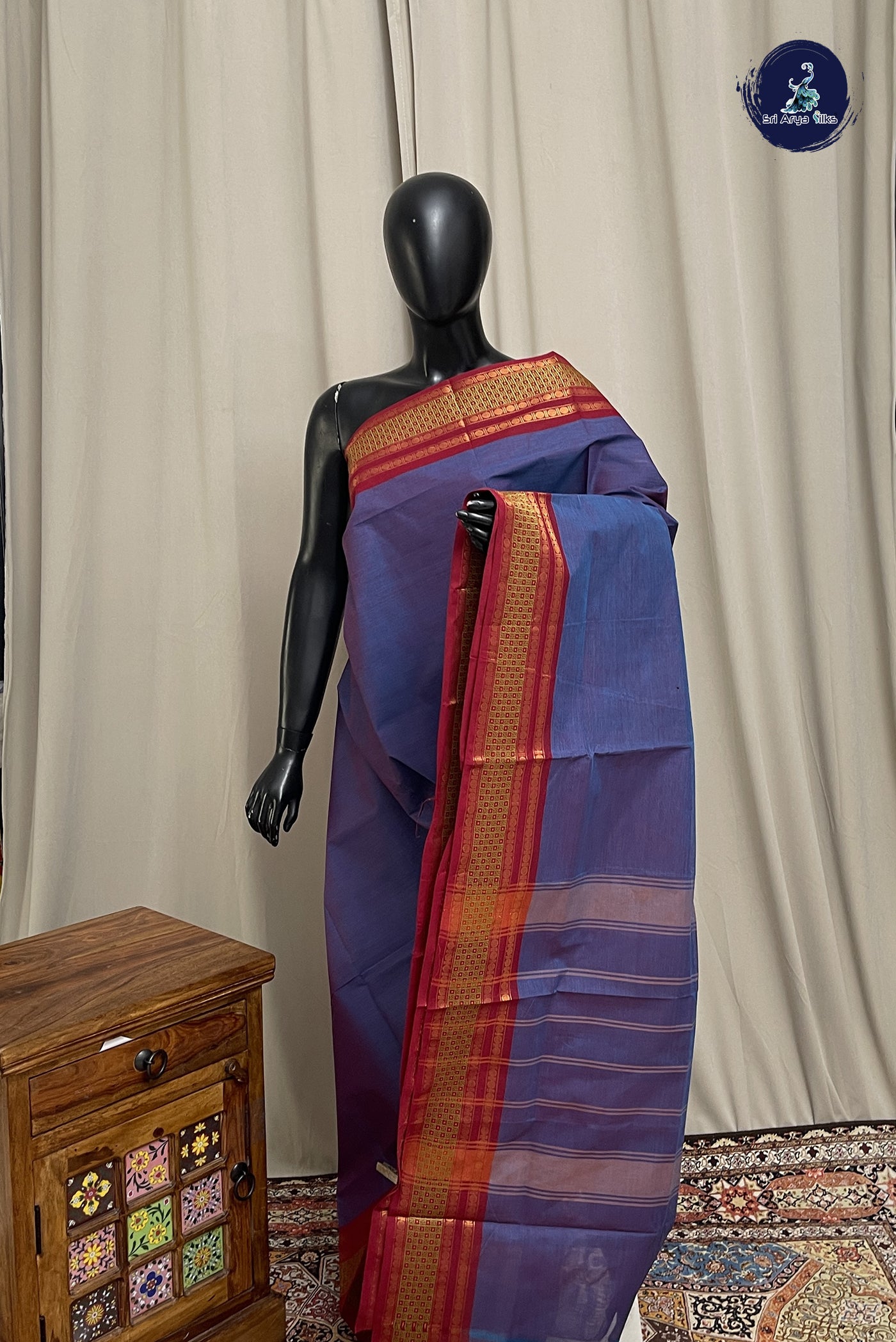 Dual Tone Blue Chettinad Cotton Saree With Plain Pattern