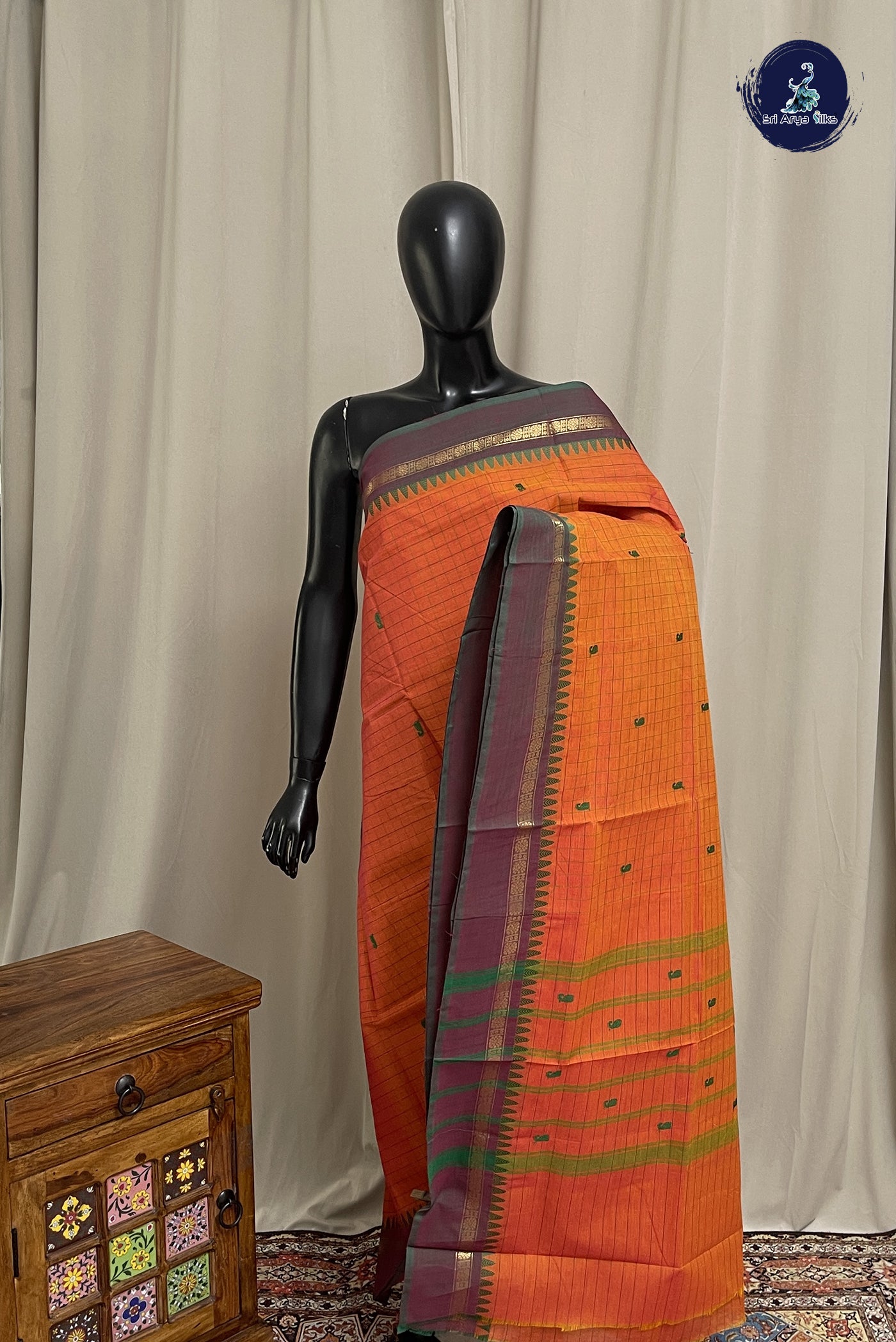 Rust Chettinad Cotton Saree With Checked Pattern