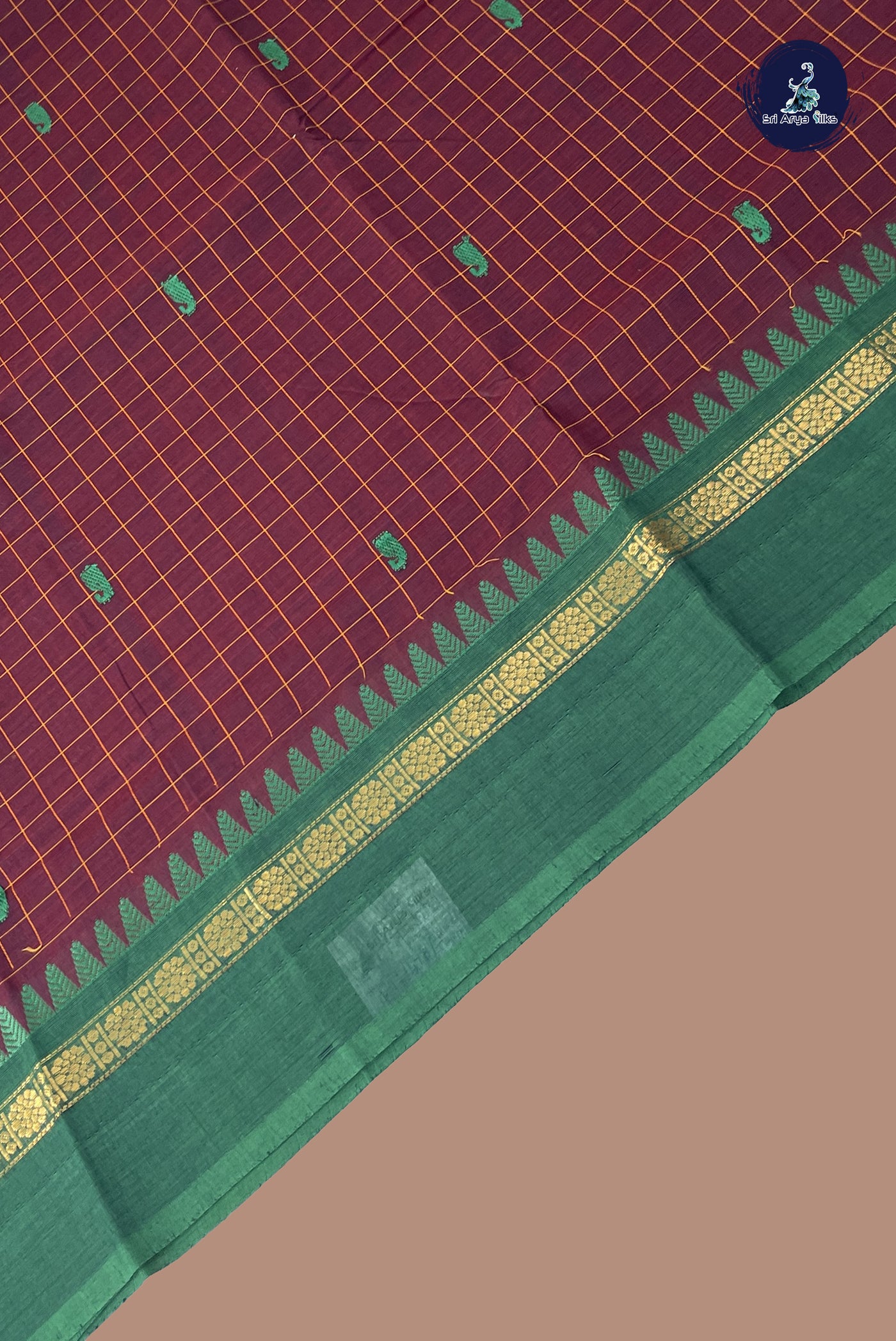 Coffee Brown Chettinad Cotton Saree With Checked Pattern