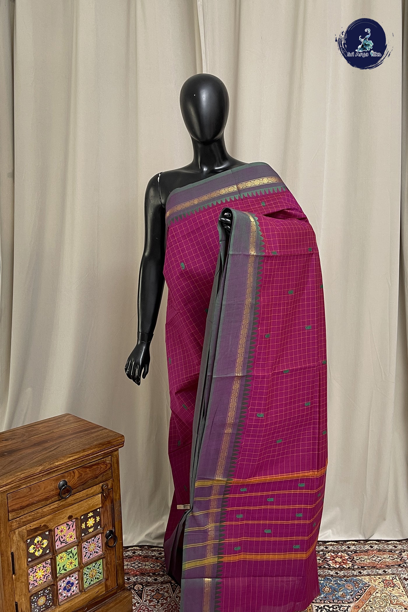 Magenta Purple Chettinad Cotton Saree With Checked Pattern