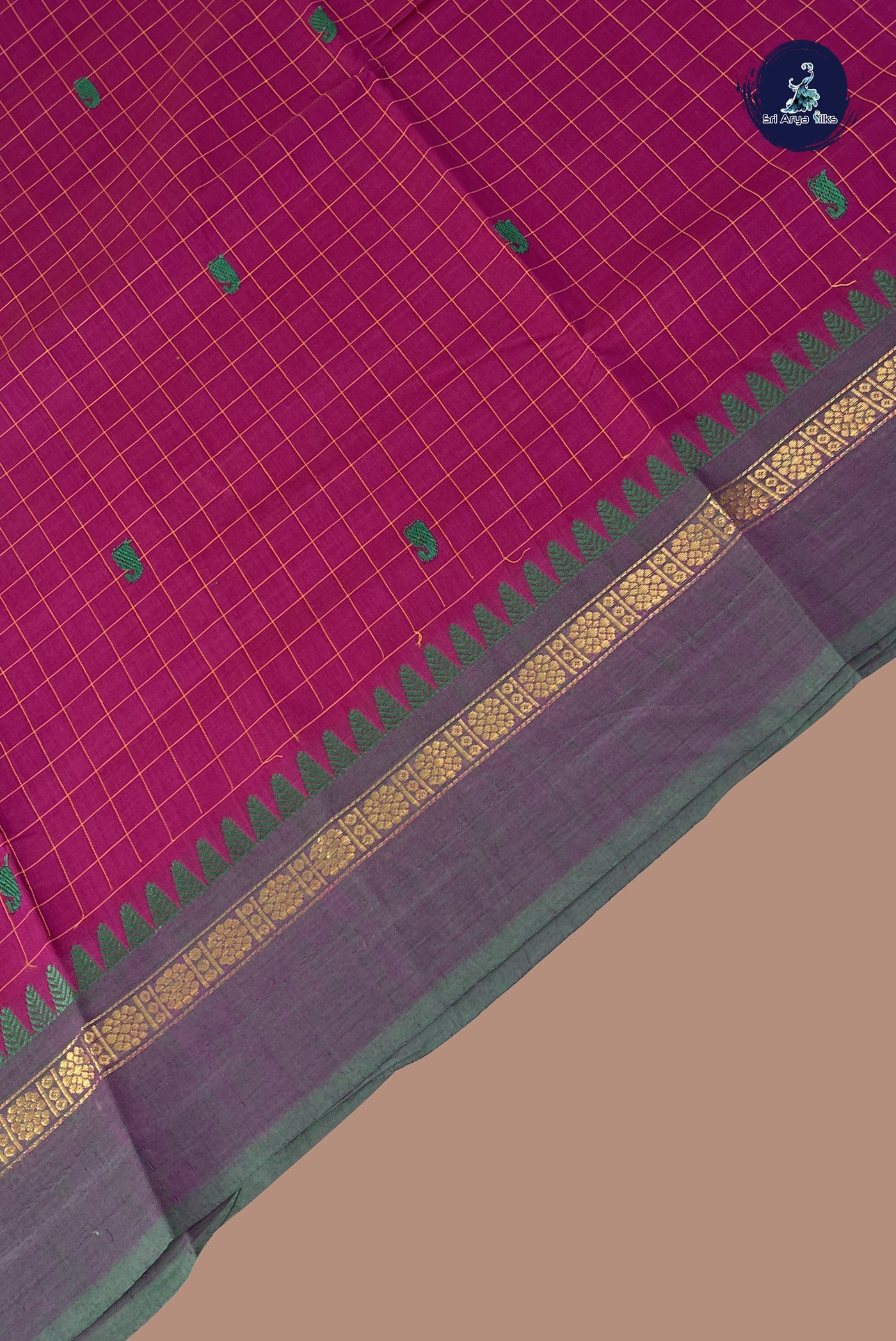 Magenta Purple Chettinad Cotton Saree With Checked Pattern