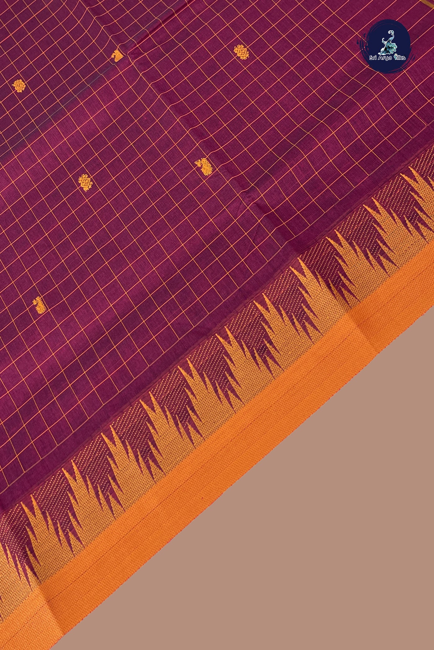 Maroon Chettinad Cotton Saree With Checked Pattern