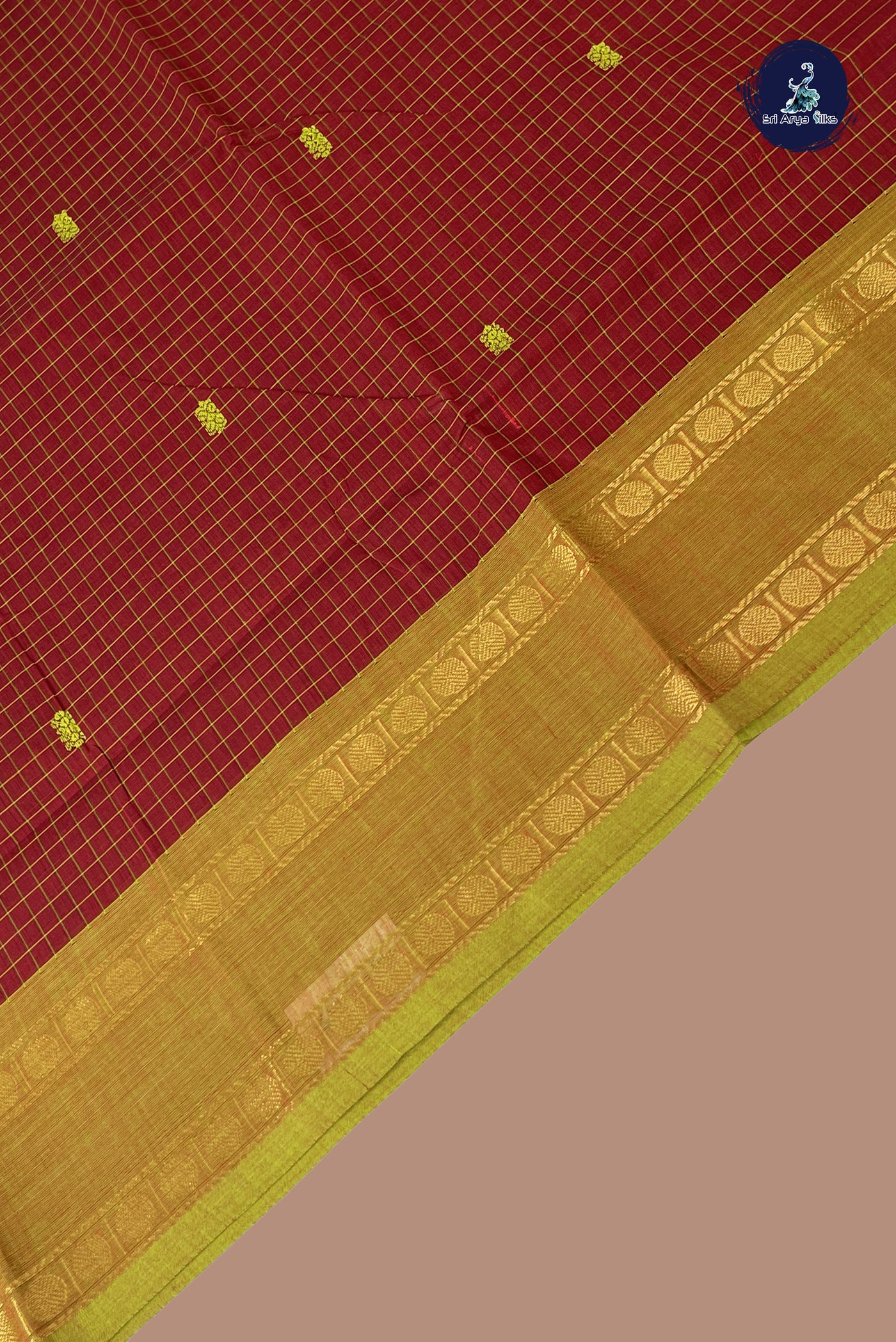 Maroon Chettinad Cotton Saree With Checked Pattern