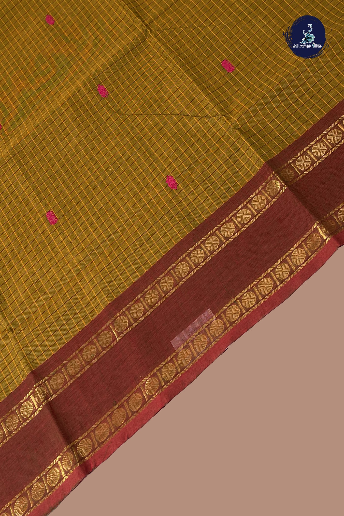 Golden Mustard Chettinad Cotton Saree With Checked Pattern