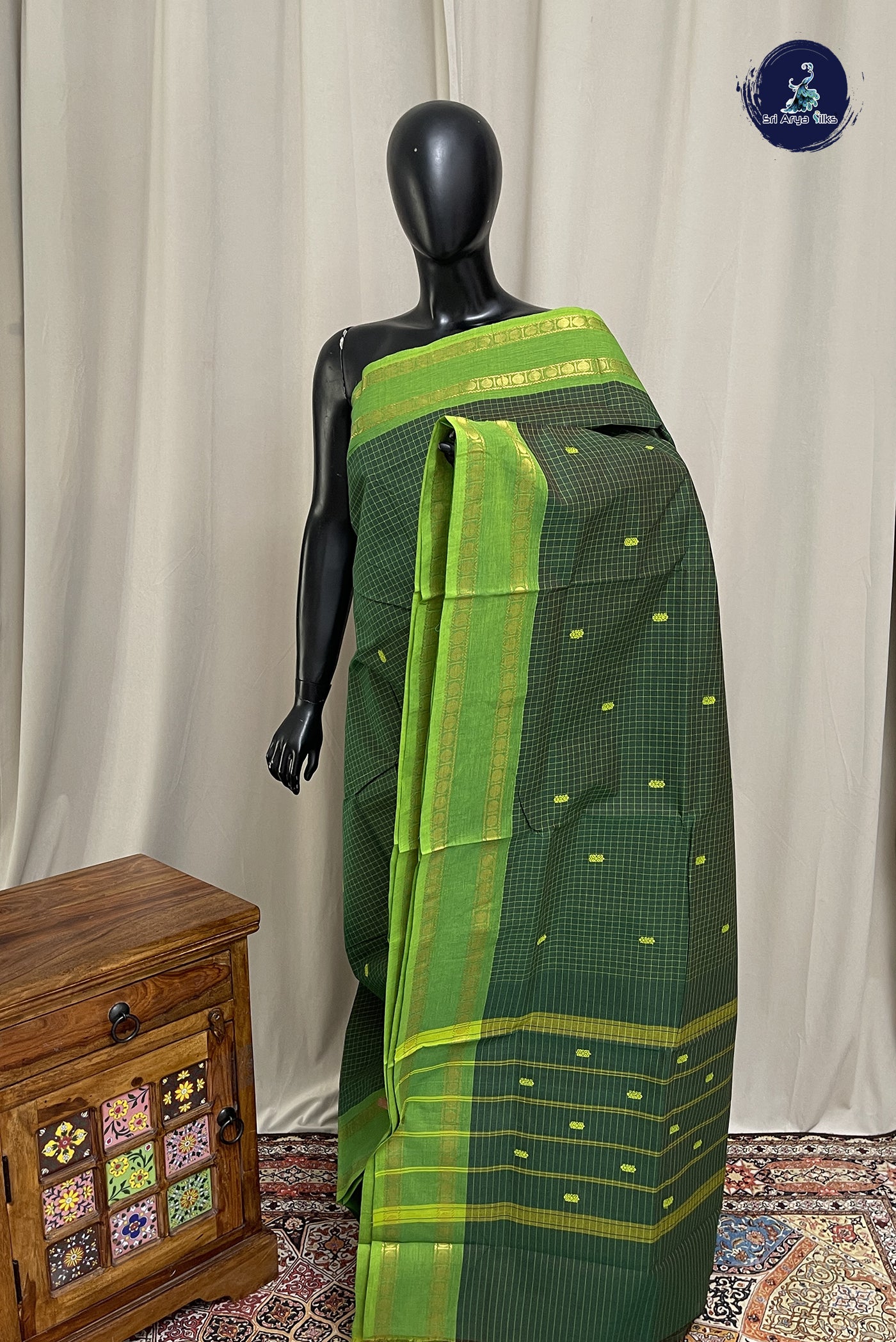 Dark Green Chettinad Cotton Saree With Checked Pattern