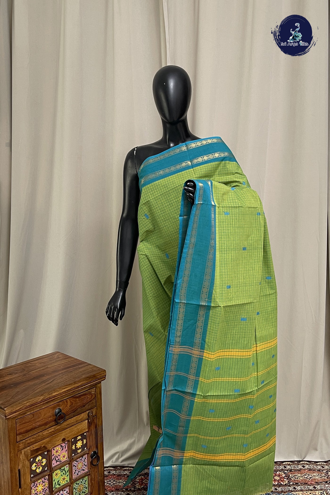 Light Green Chettinad Cotton Saree With Checked Pattern