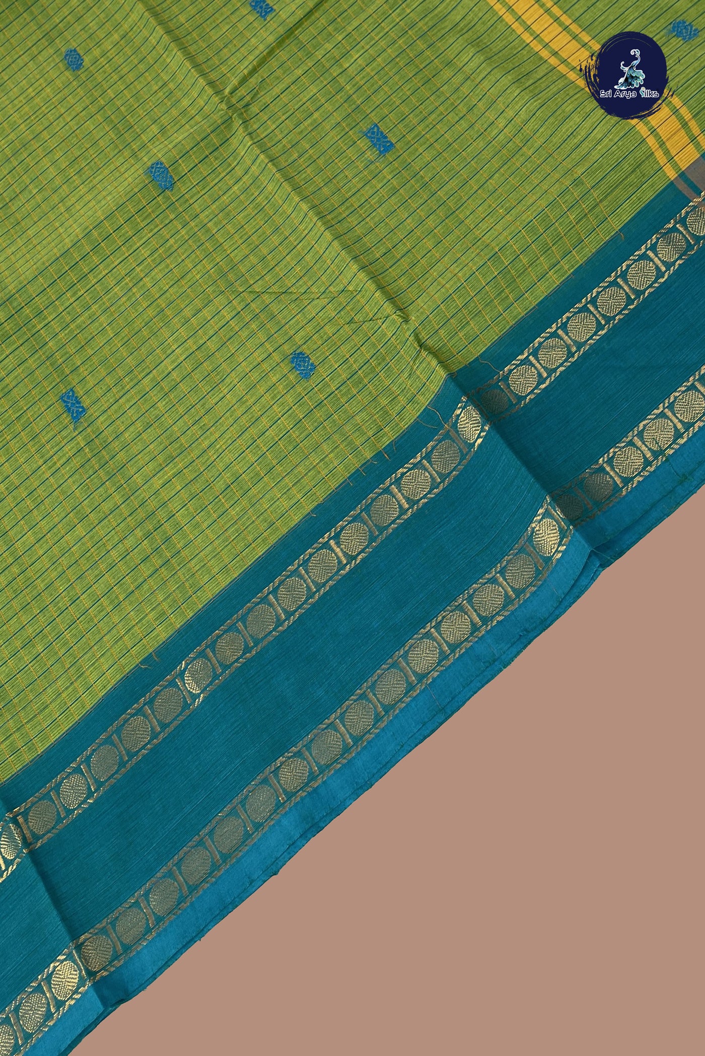 Light Green Chettinad Cotton Saree With Checked Pattern