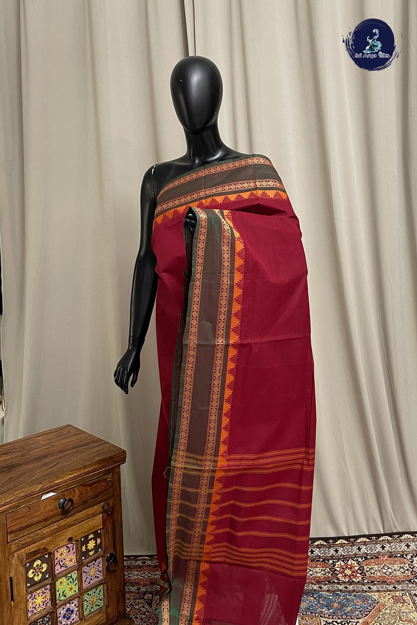 Maroon Chettinad Cotton Saree With Plain Pattern