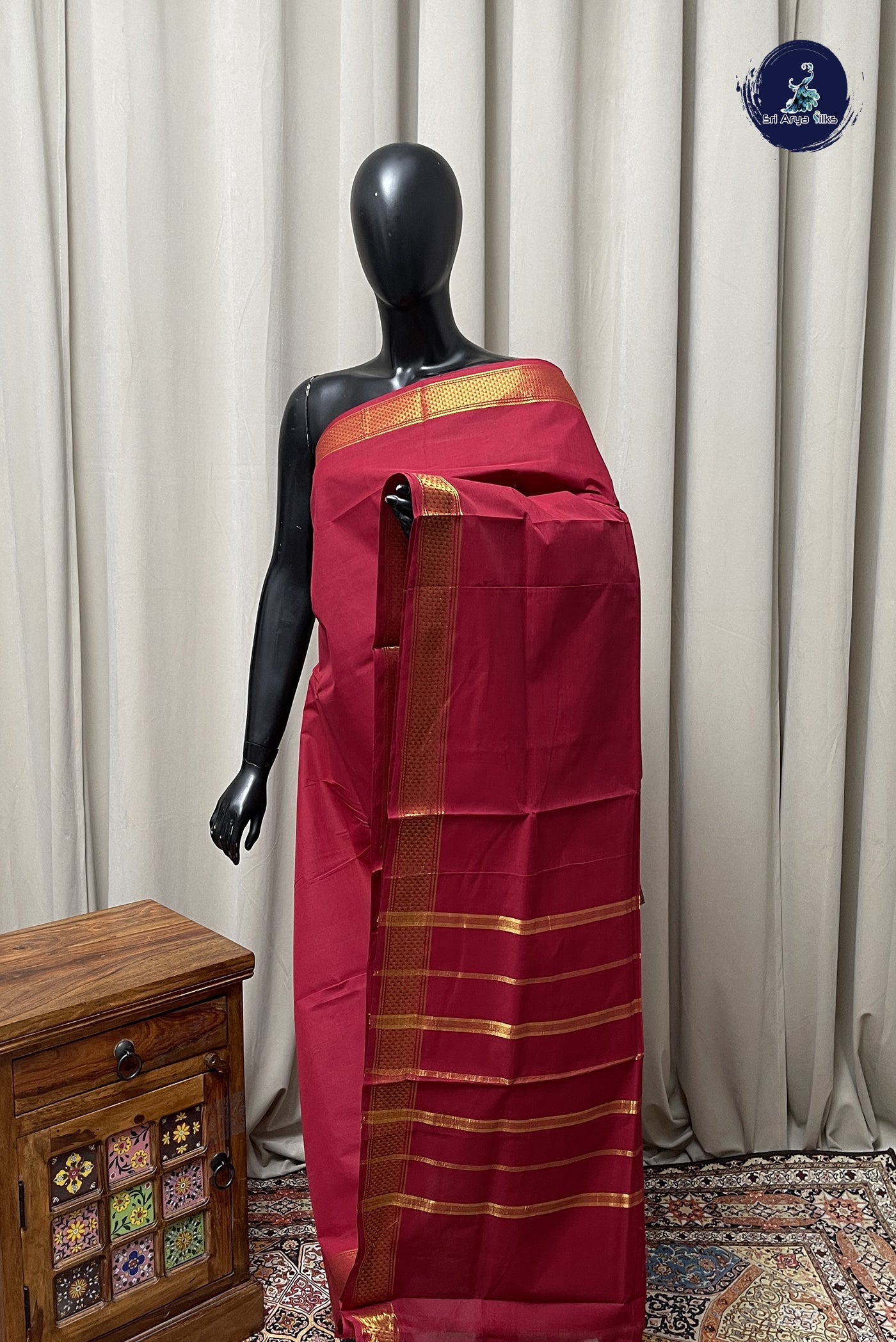 Maroon Chettinad Cotton Saree With Plain Pattern