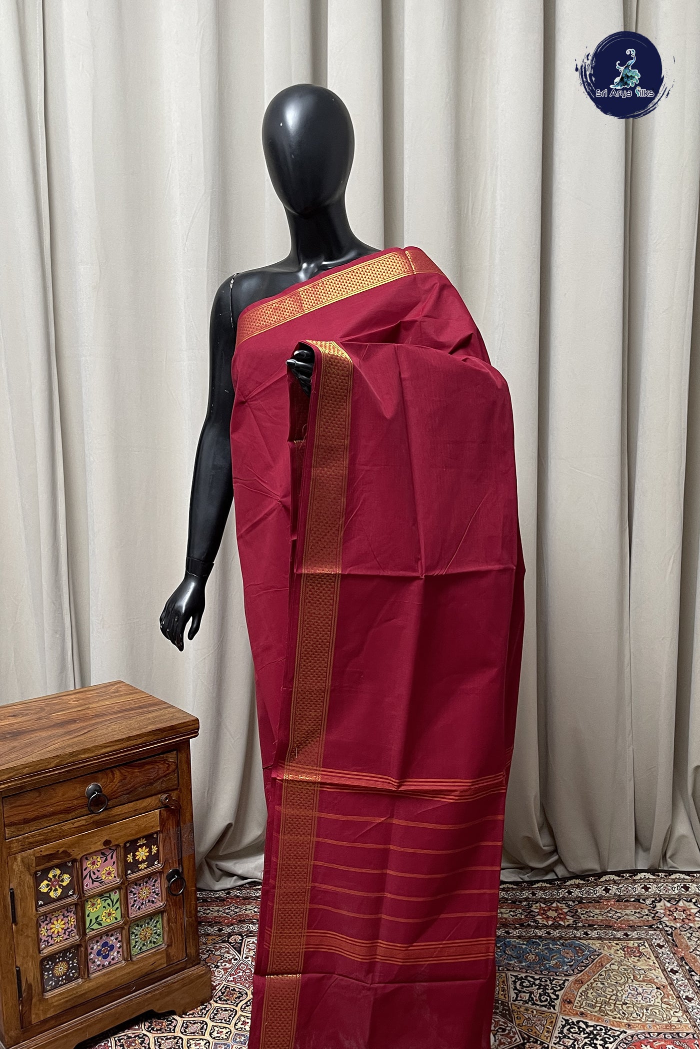 Maroon Chettinad Cotton Saree With Plain Pattern