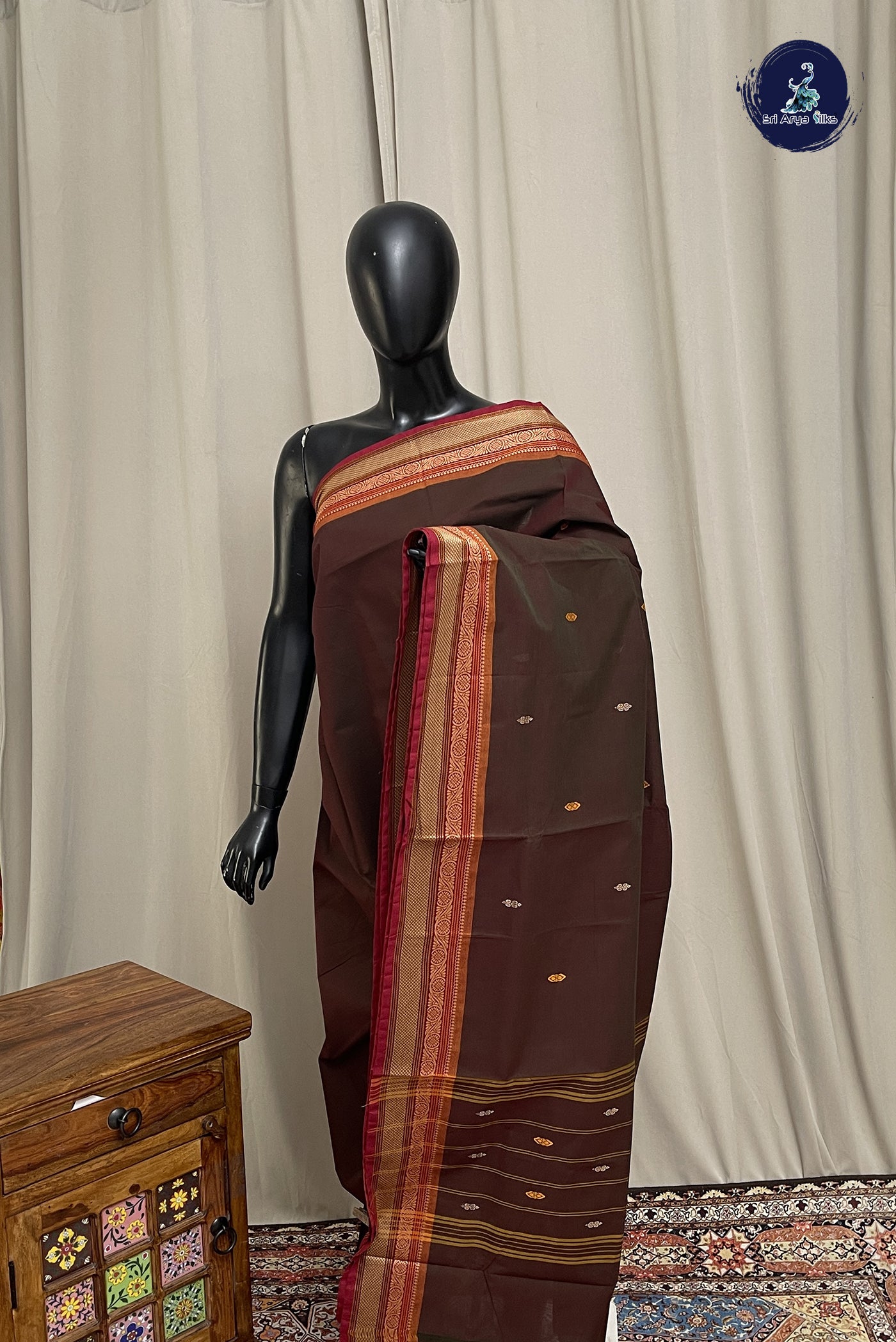 Coffee Brown Chettinad Cotton Saree With Buttas Pattern