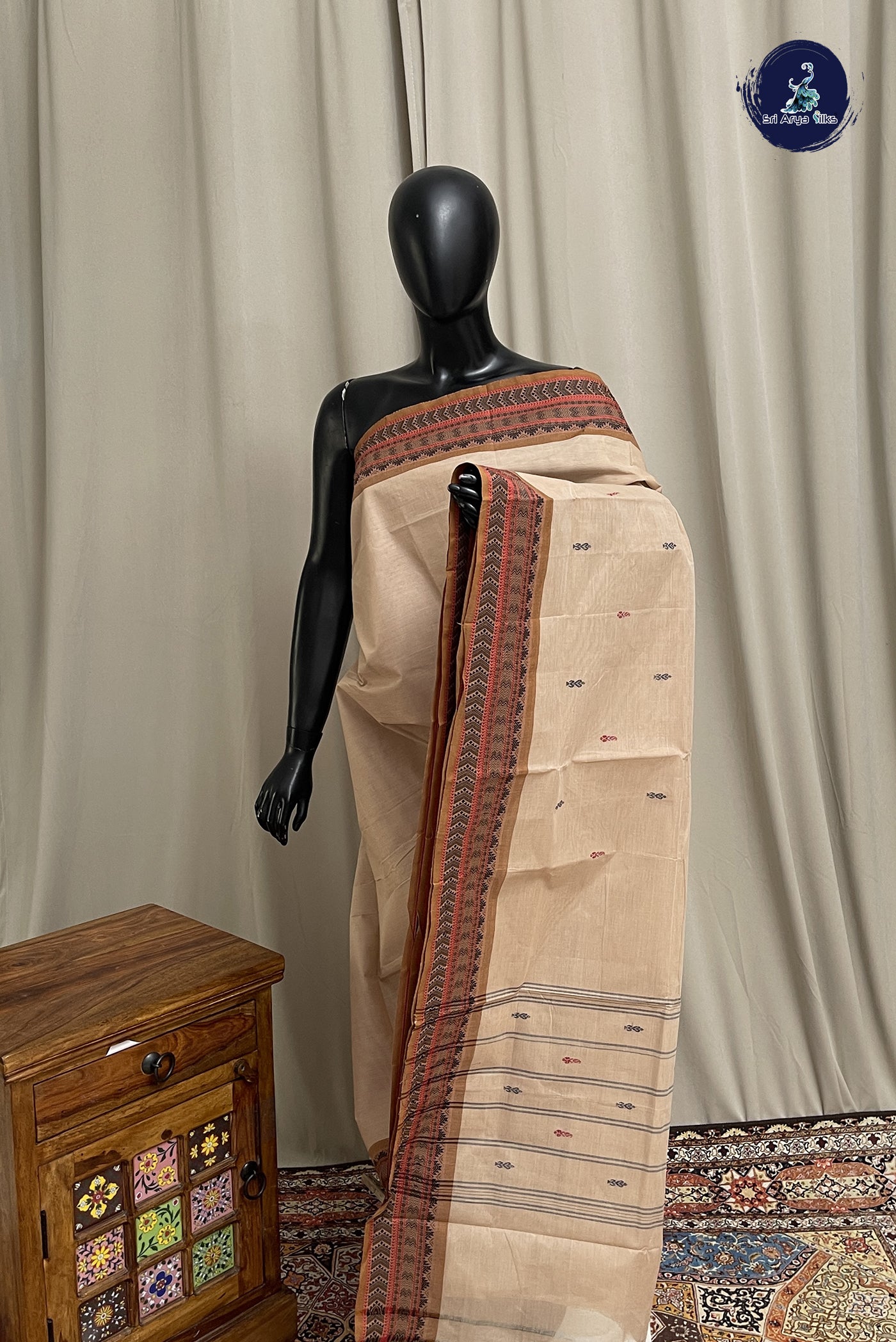 Fawn Chettinad Cotton Saree With Buttas Pattern