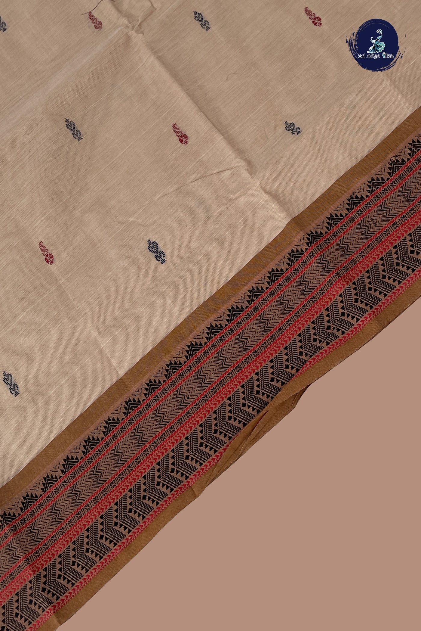 Fawn Chettinad Cotton Saree With Buttas Pattern