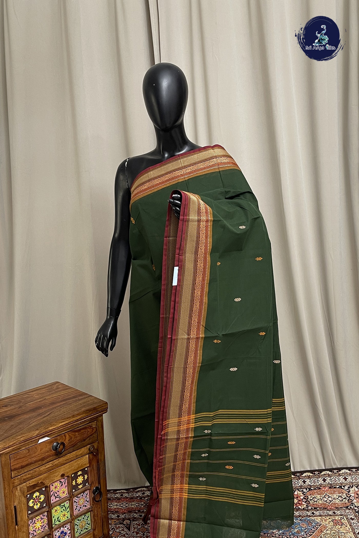 Green Chettinad Cotton Saree With Buttas Pattern