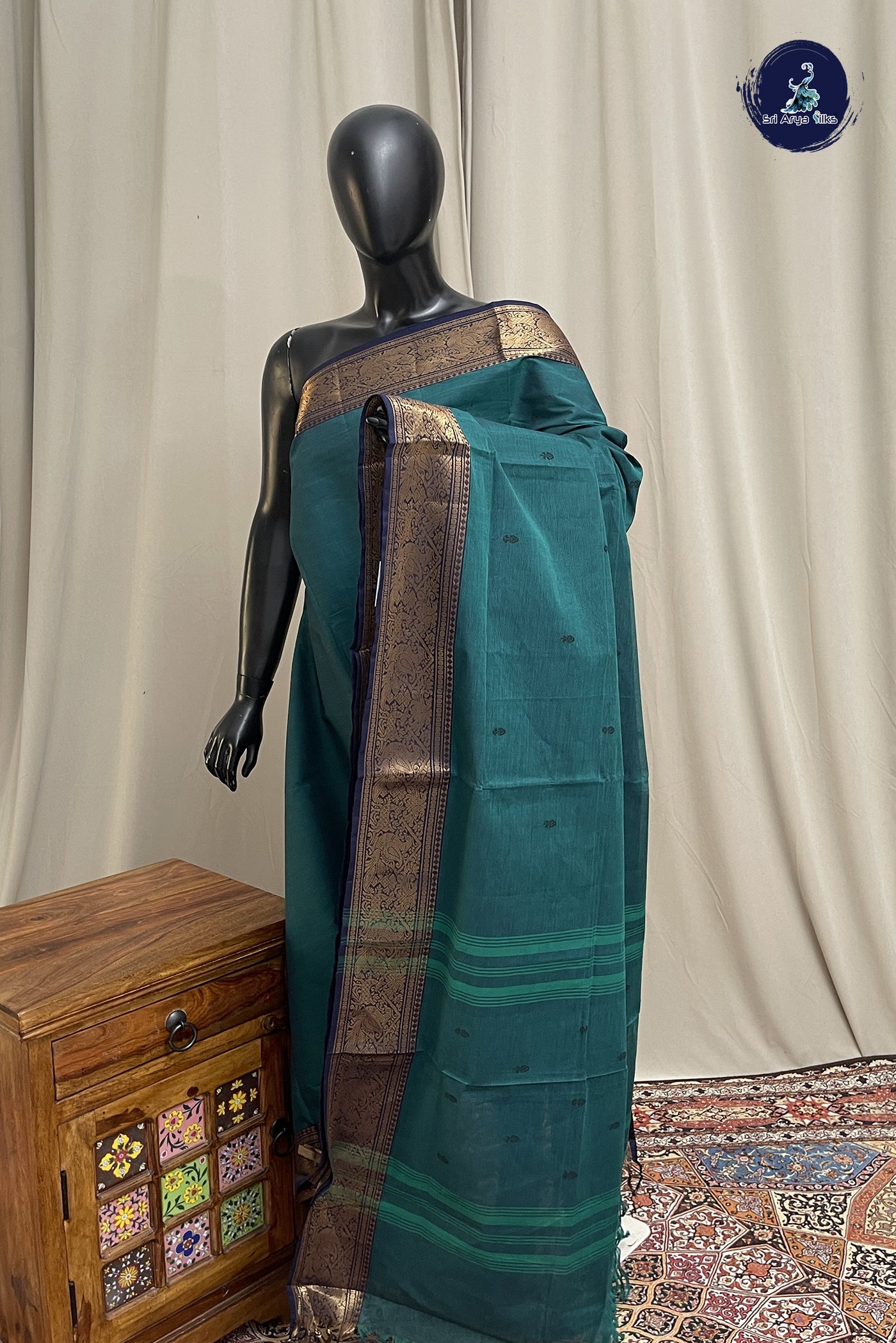 Peacock Green Chettinad Cotton Saree With Buttas Pattern