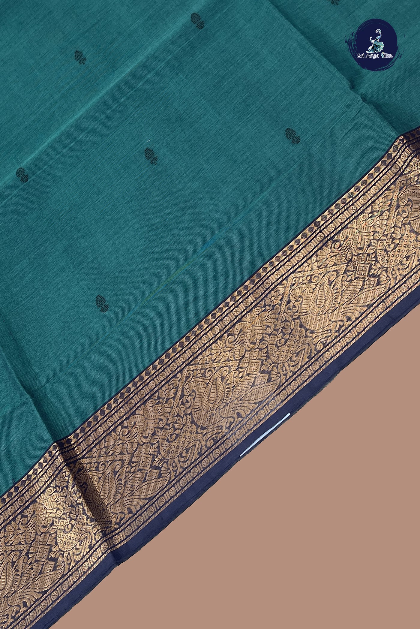 Peacock Green Chettinad Cotton Saree With Buttas Pattern