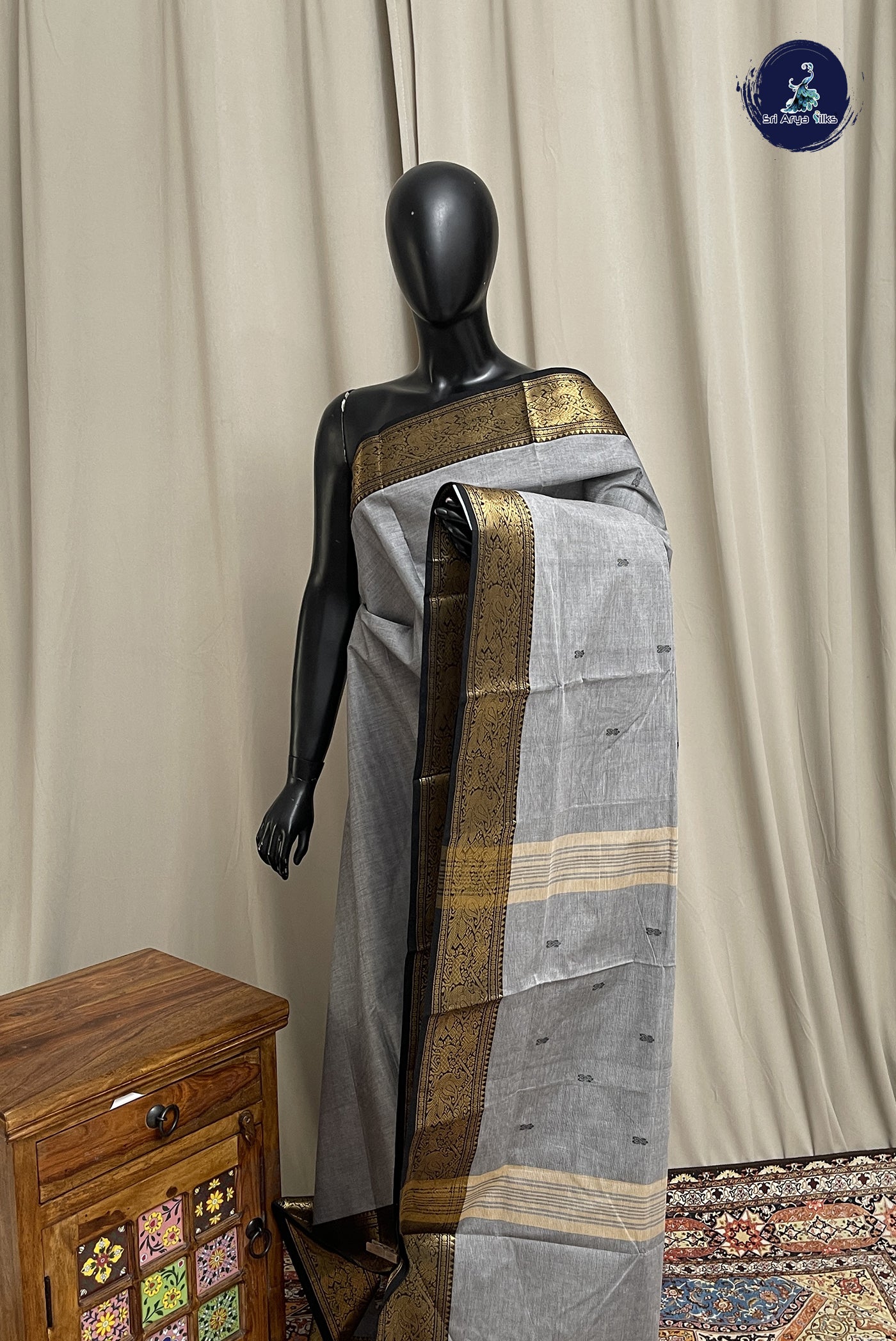 Grey Chettinad Cotton Saree With Buttas Pattern